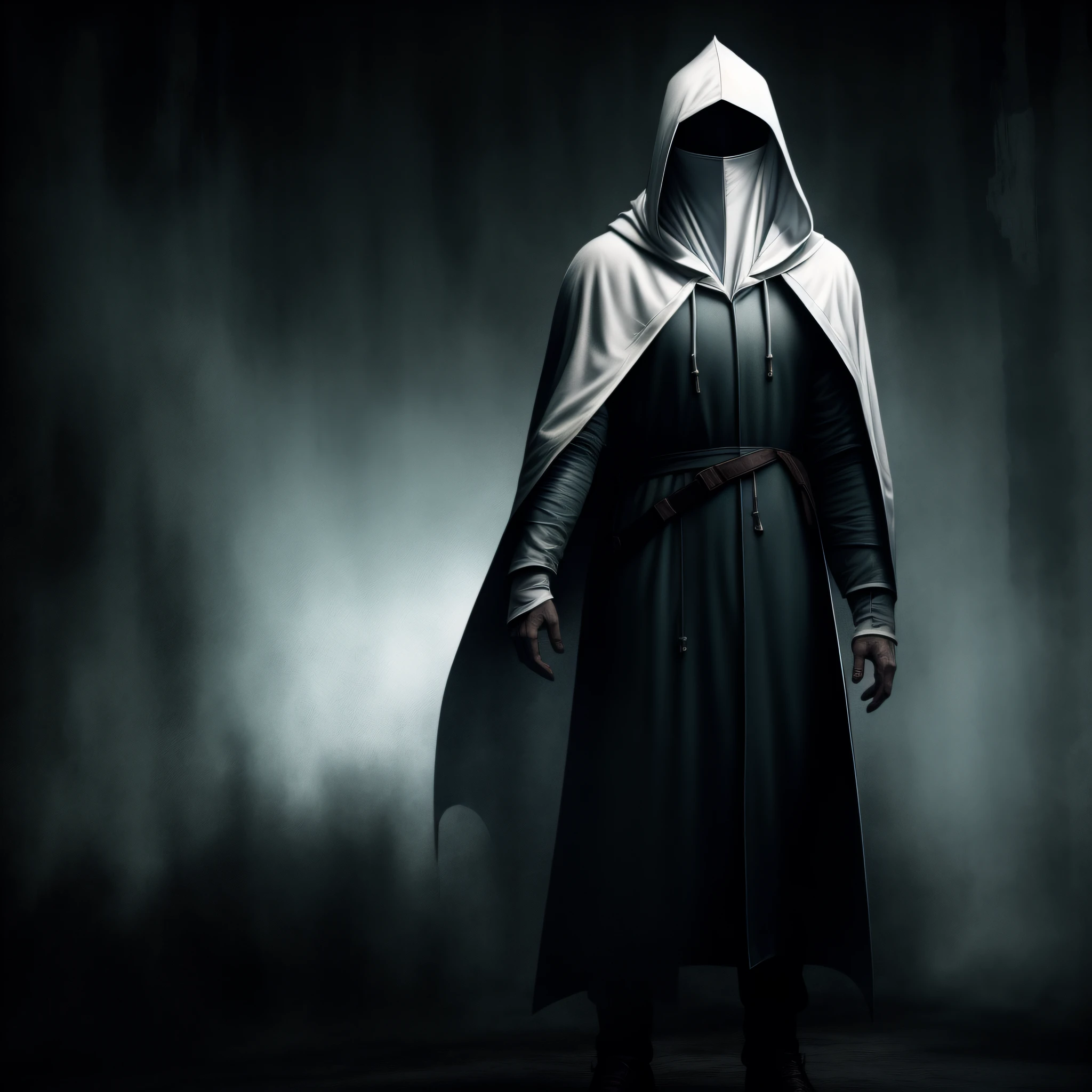 A pale hooded man with a robe in the dark