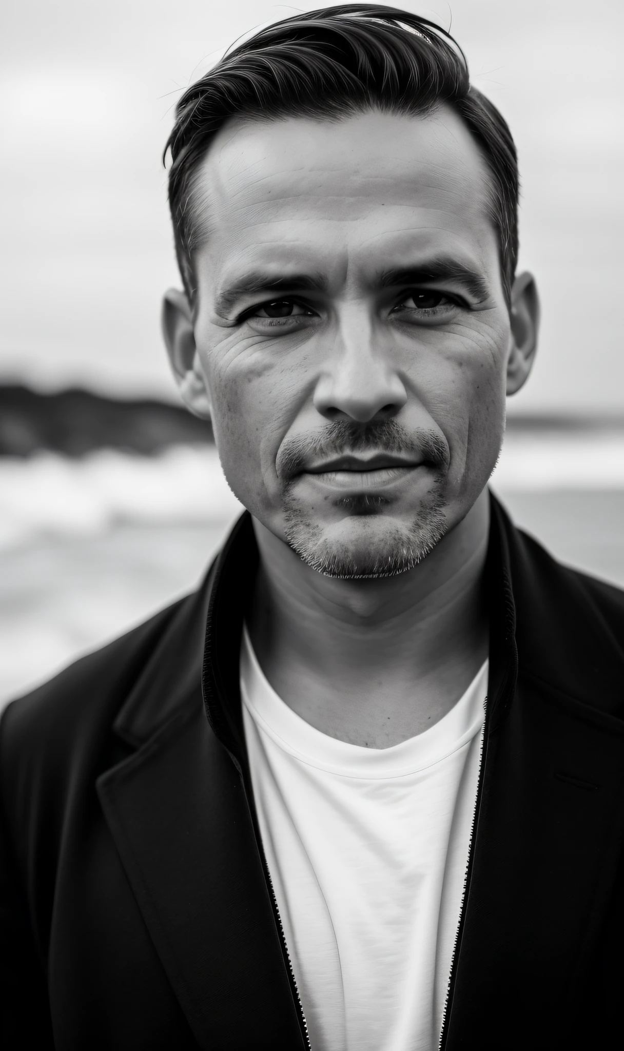 b&w photo of 42 y.o man in black clothes, face, half body, body, high detailed skin, skin pores, coastline, overcast weather, wind, waves, 8k uhd, dslr, soft lighting, high quality, film grain, Fujifilm XT3