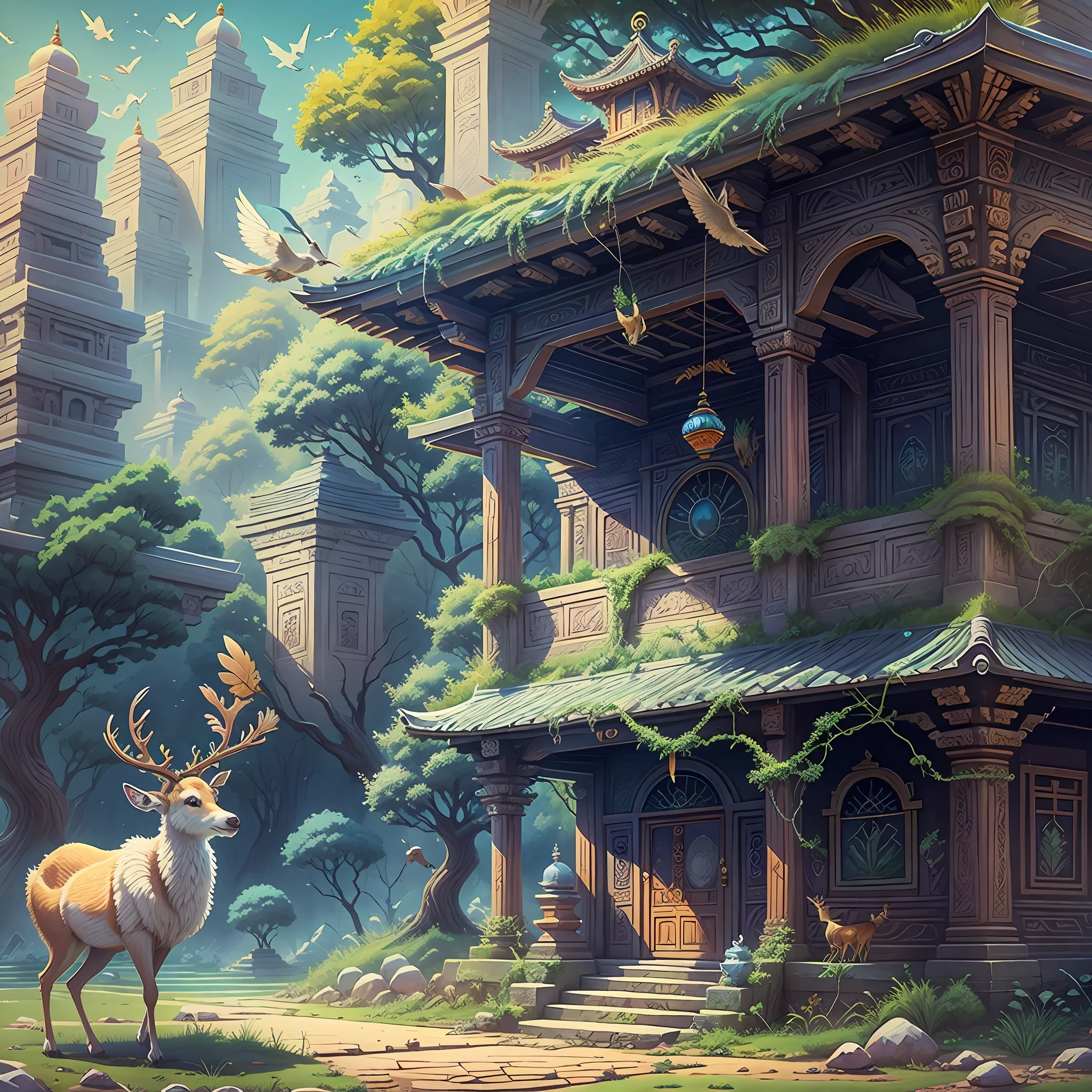**bob ross style landscape painting, theres an abondend temple with vines and birds on it, theres deer roaming around and on the side of the temple is a big circle**
