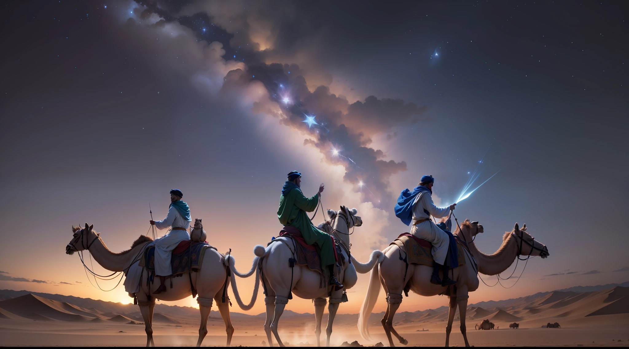 Representation of the three Magi on their camels, following the star of Bethlehem in the night sky, Realism, cinematic lighting, high details, high quality, 16k, 16k