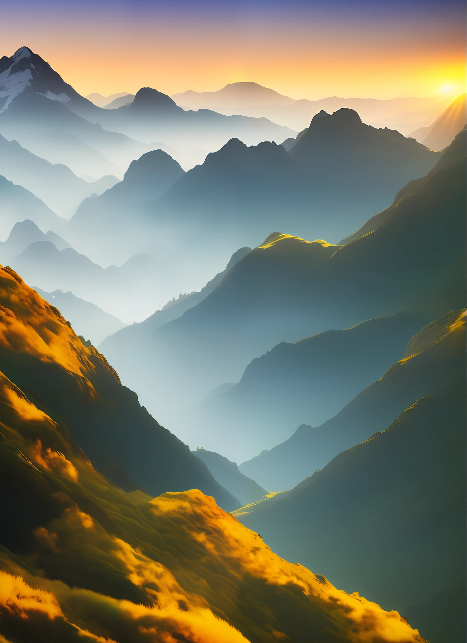 (Scene) Cloudy dynamic mountains, shimmering light diffusion, successfully pulling the line of sight, walking into (outdoor painting), daytime mountain paths, stepping on the breeze, charming, morning sun, sunset golden afterglow, breeze (The Wind Rises).