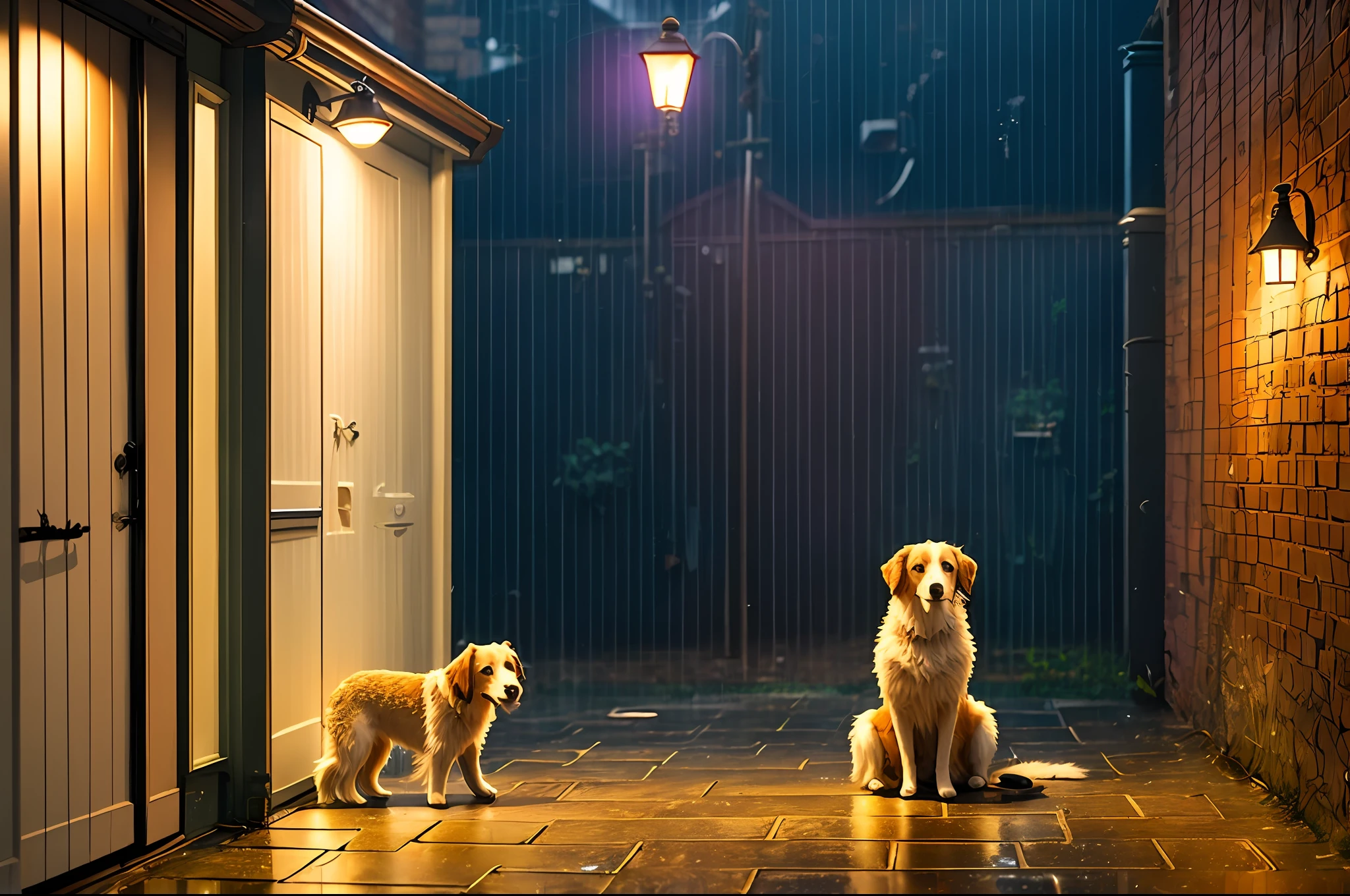 A backyard alley dog sitting in the rain, London style, spiders and cobwebs entangled, movie lights soft lighting