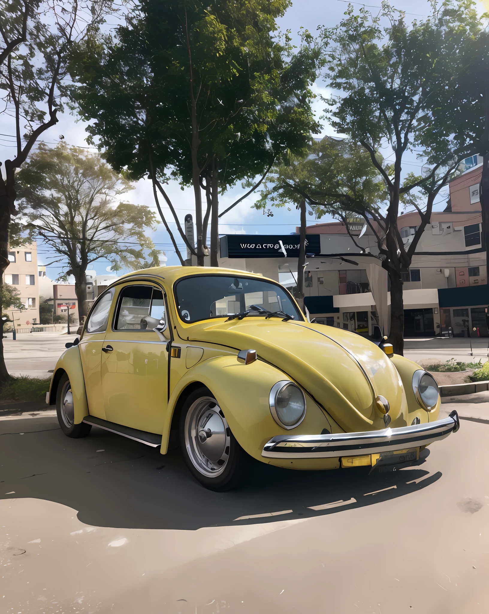 yellow volkswagen beetle parked in a parking lot next to a tree, beetle, beetle-inspired, nostalgic 8k, beatle, classic car, 🚿🗝📝, bumblebee, restomod, featured, pastel', beetles, hyper detailed!!, full view of a car, vw bus on a street, yellowed, classic cars, front side full