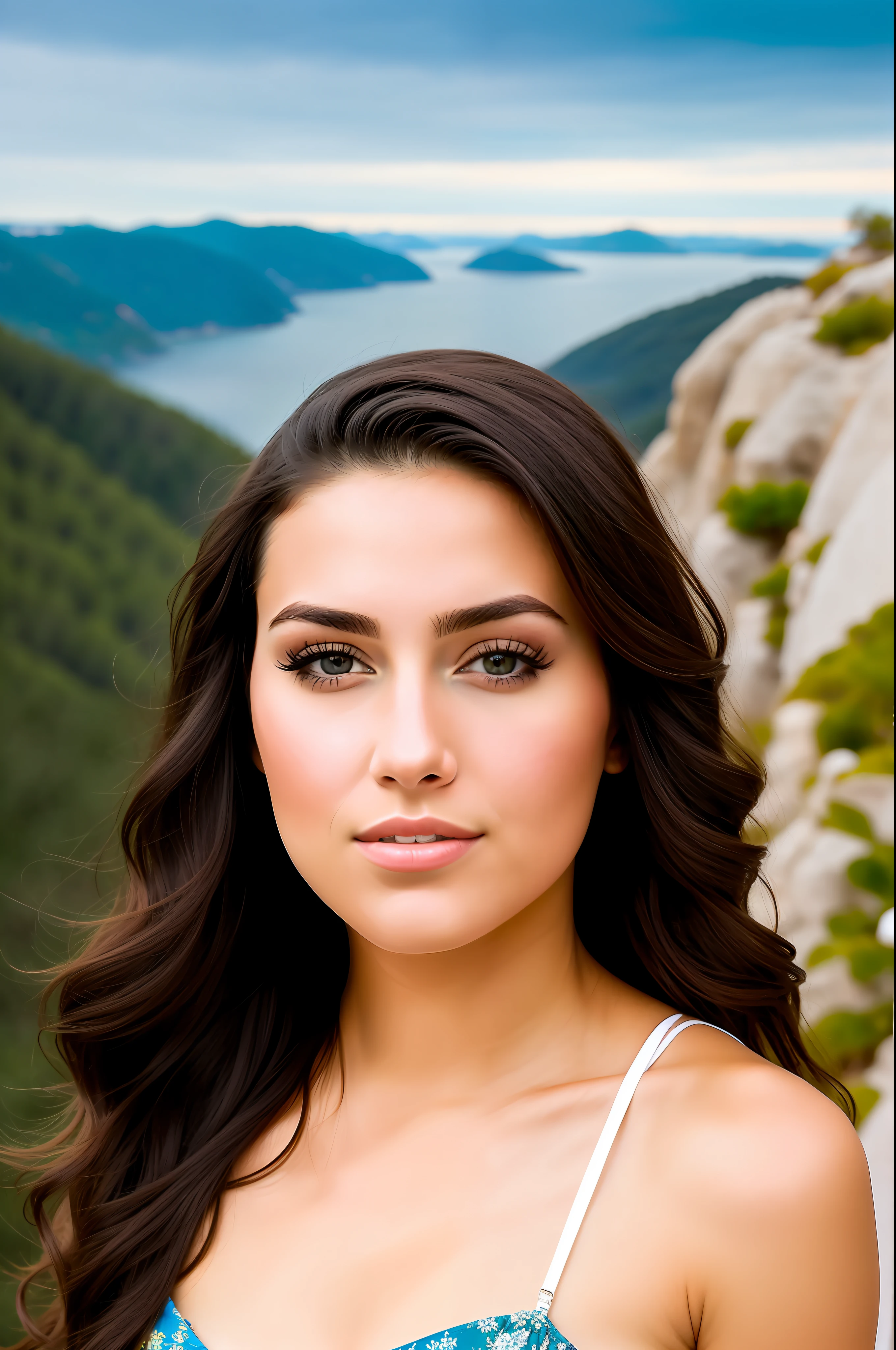 An exquisite portrait of a 25-year-old American woman with captivating features set against a stunning backdrop that brings out the magnificent beauty of her face.