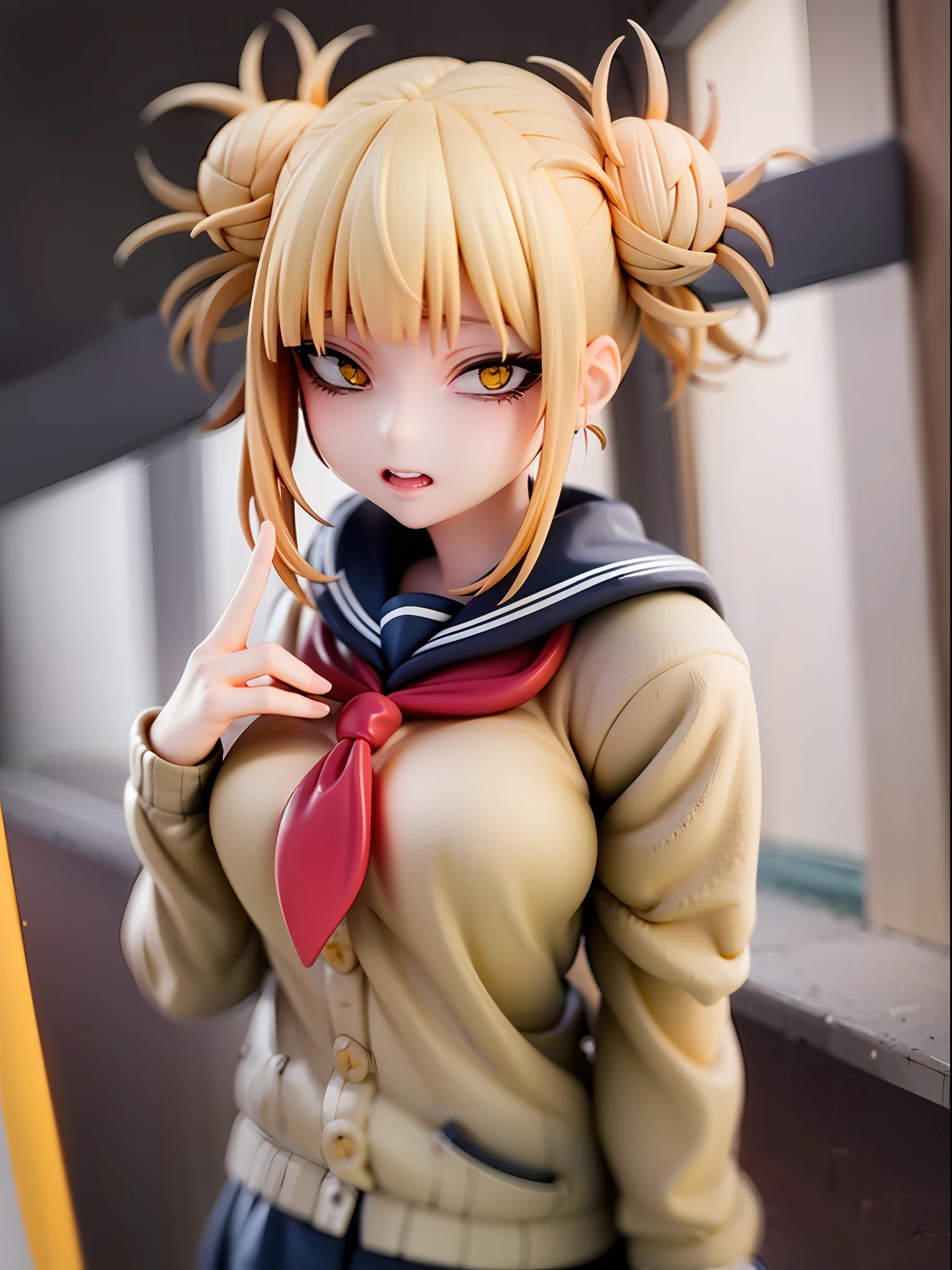 1girl,himiko toga,blonde hair,yellow eyes,bored expression,hand up,facing viewer,looking at viewer,good hand,good finger,masterpiece,extremely detailed、手にカッターを持っている