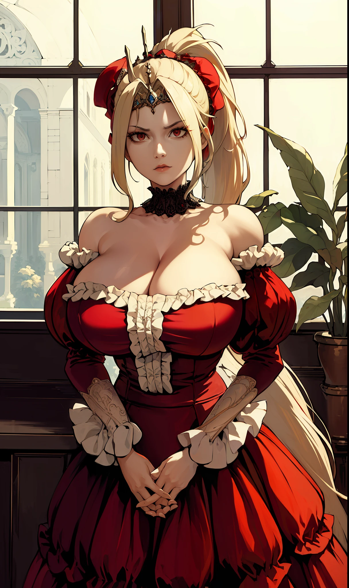 (Masterpiece, Best Quality, High Quality, Highres:1.4), Detailed, Extremely Detailed, Ambient Soft Lighting, 4K, Ornate,
Indoors, (Renaissance, Vintage:1.4), Plants, Window,
1Gril, (Solo:1.4), (Milf:1.2), Standing, Upper Body, (Face Focus:1.2),
(Extremely Detailed Hair:1.2), Blonde Hair, Long Hair, Long Sidelocks, Bangs, (Hair Intakes, High Ponytail:1.4),
Expressionless, Emotionless, (Red Eyes, Glaring, Contempt, Disgust, Looking at Viewer:1.2),
Curvy, Huge Breasts, Skindentation, (Bursting Breasts:1.2),
(Tiara:1.2), Crown, (Cleavage, Strapless, Red Dress, Frilled Dress, Long Skirt, Puffy Skirt, Puffy Sleeves, Juliet Sleeves, Long Sleeves:1.2), Jewelry,