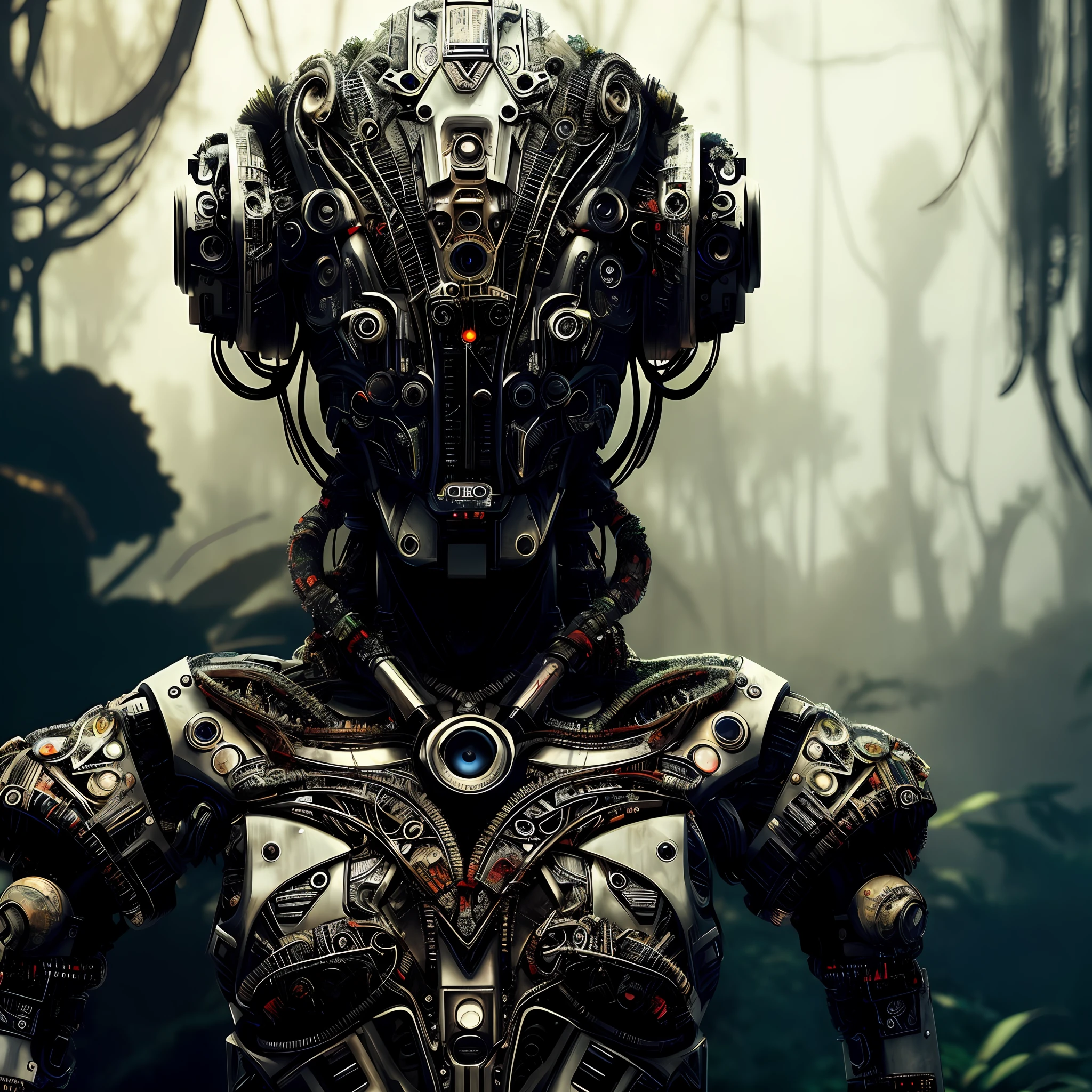 There's a robot that's in the forest, Cyber Monkey in the scifi forest, detailed humanoid, intricate transhuman, cybernetic and highly detailed, portrait of a futuristic robot, intricate cyborg, cybernetic bionic ancient cyborg, deep cyberpunk mechanoid, mechanical plant cyborg, mystical post-apocalyptic cyborg, highly detailed CGSethance UHD 4K, salty sebastian photography