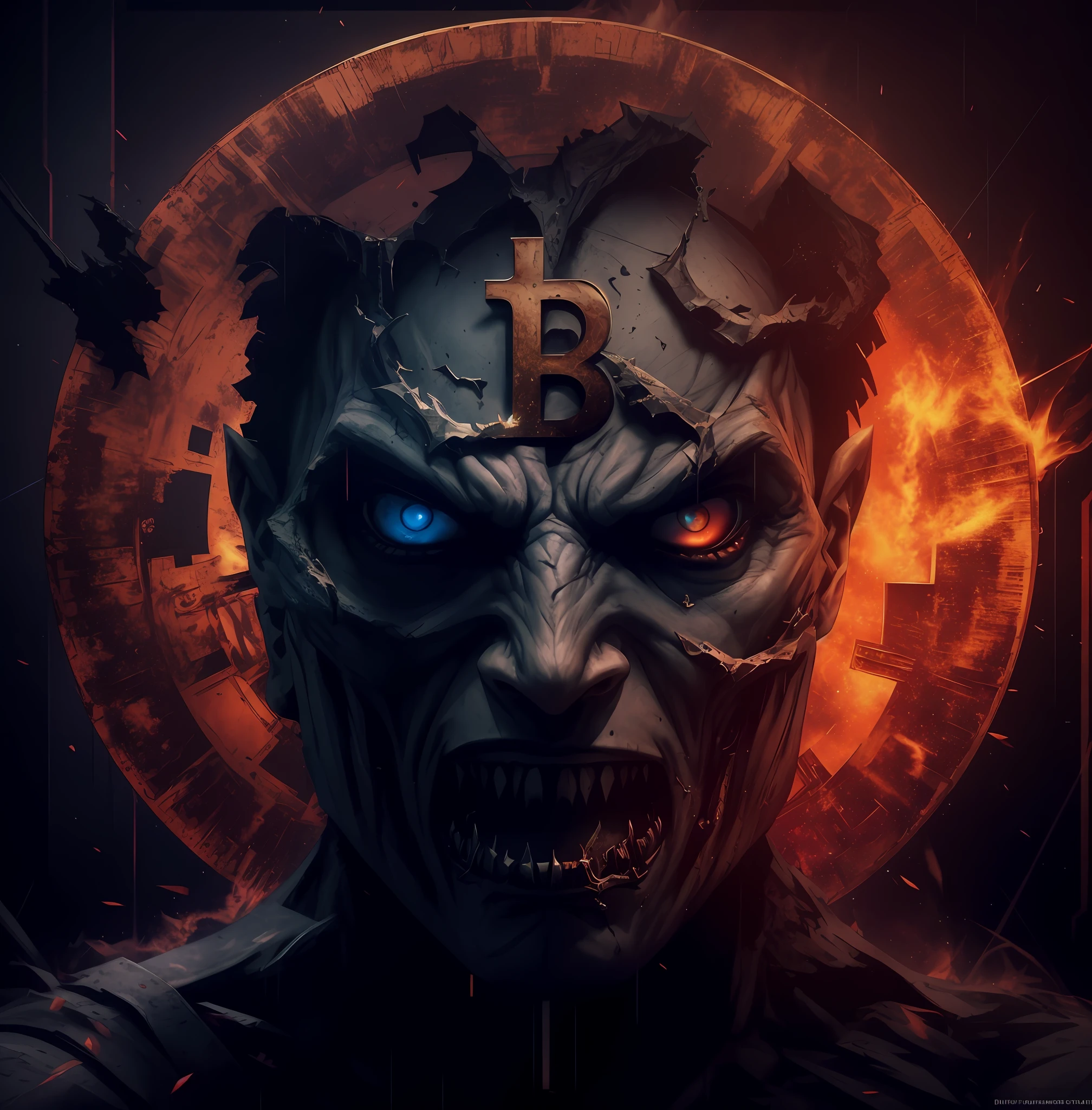 a close up of a demonic looking man with a clock face, bitcoin evil, 4k highly detailed digital art, 4k detailed digital art, 8k hd wallpaper digital art, detailed 4k horror artwork, 3d digital art 4k, digital art 4k unsettling, digital artwork 4 k, dark but detailed digital art, symmetry!! portrait of cyborg