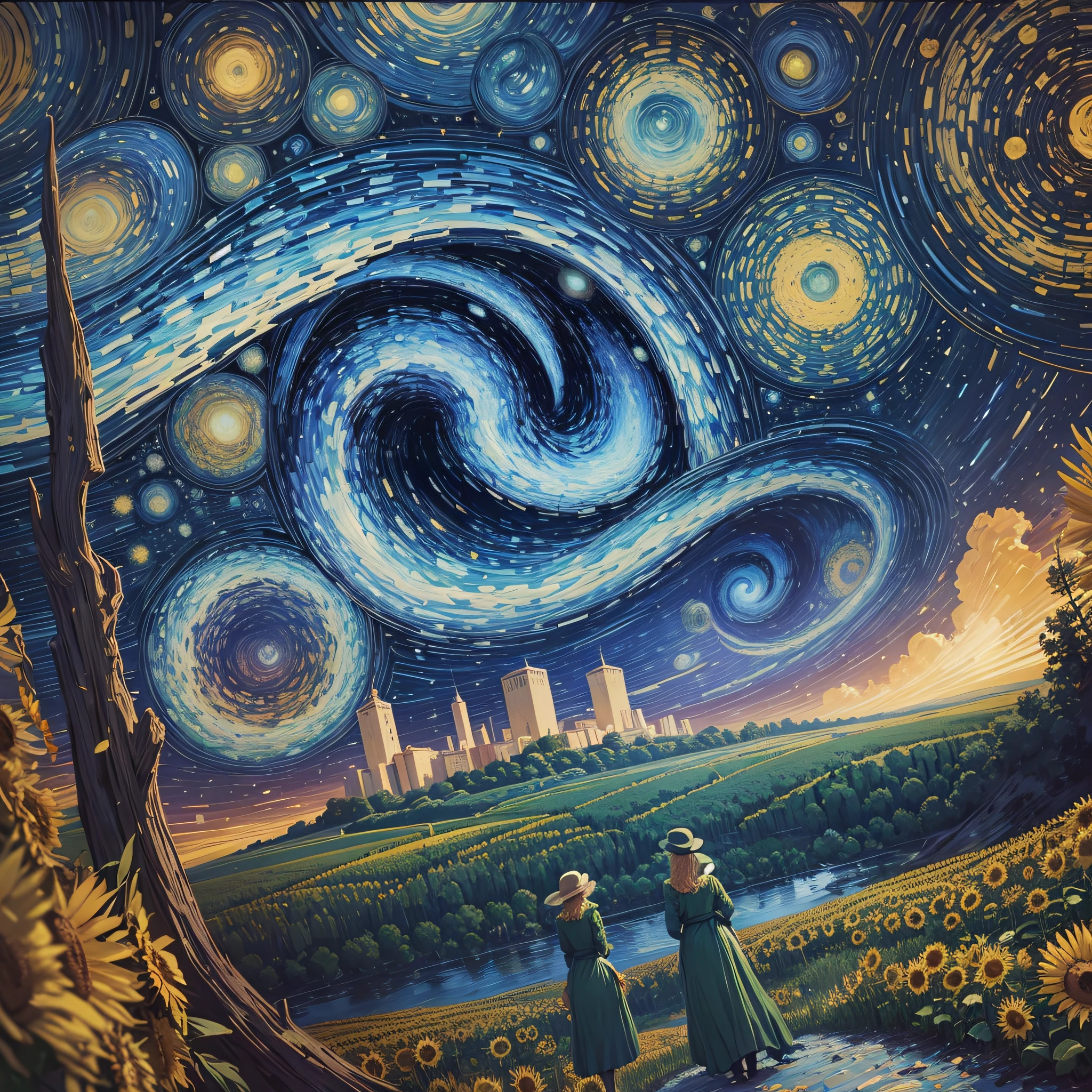 A captivating Van Gogh world, characterized by bold and expressive strokes, showcasing a sunflower field in full bloom, bathed in golden sunlight, with each sunflower possessing its unique personality and face-like features, evoking a feeling of joy and vitality, Illustration, digital art, --ar 16:9 --v 5