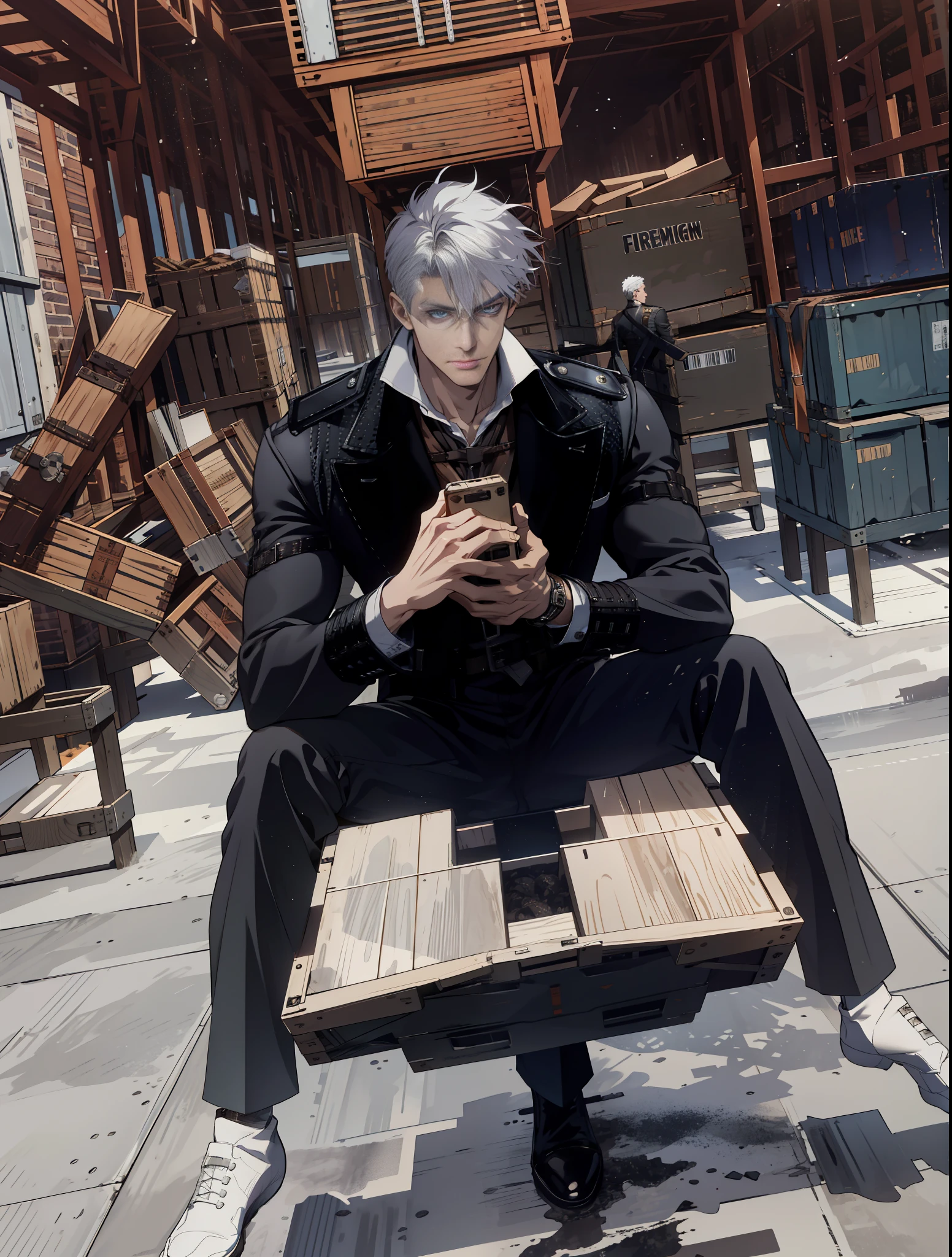 (absurdres, highres, ultra detailed), 1 male, adult, handsome, tall muscular guy, broad shoulders, white hair, finely detailed eyes, portrait, looking at viewer, solo, half shot, detailed background, detailed face, (steampunk industrial), smirk, renegade, rugged dark leather clothes, small leather pouch, high fantasy medieval setting, smuggler hideout background, stealth, undercover, (crates in background), shadows, fog, (dutch angle), closed mouth