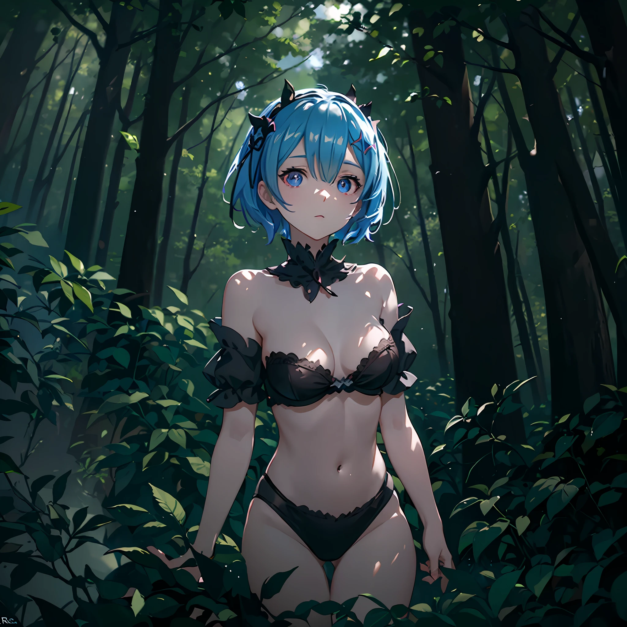 Dark forest, lingerie, (Rem from Rezero), looking forward to a forest, lens flare, flames, night, view from above, dark ambient, shadows, contrast, light focus at body