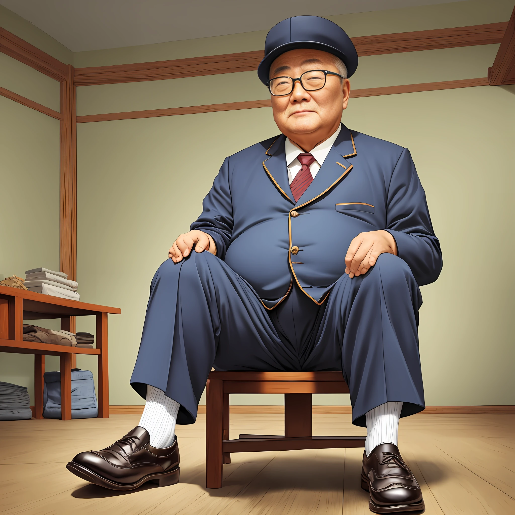 suit leaky ankle business socks Chinese old man slightly fat elegant kind old man wearing glasses one person with two legs old gentleman