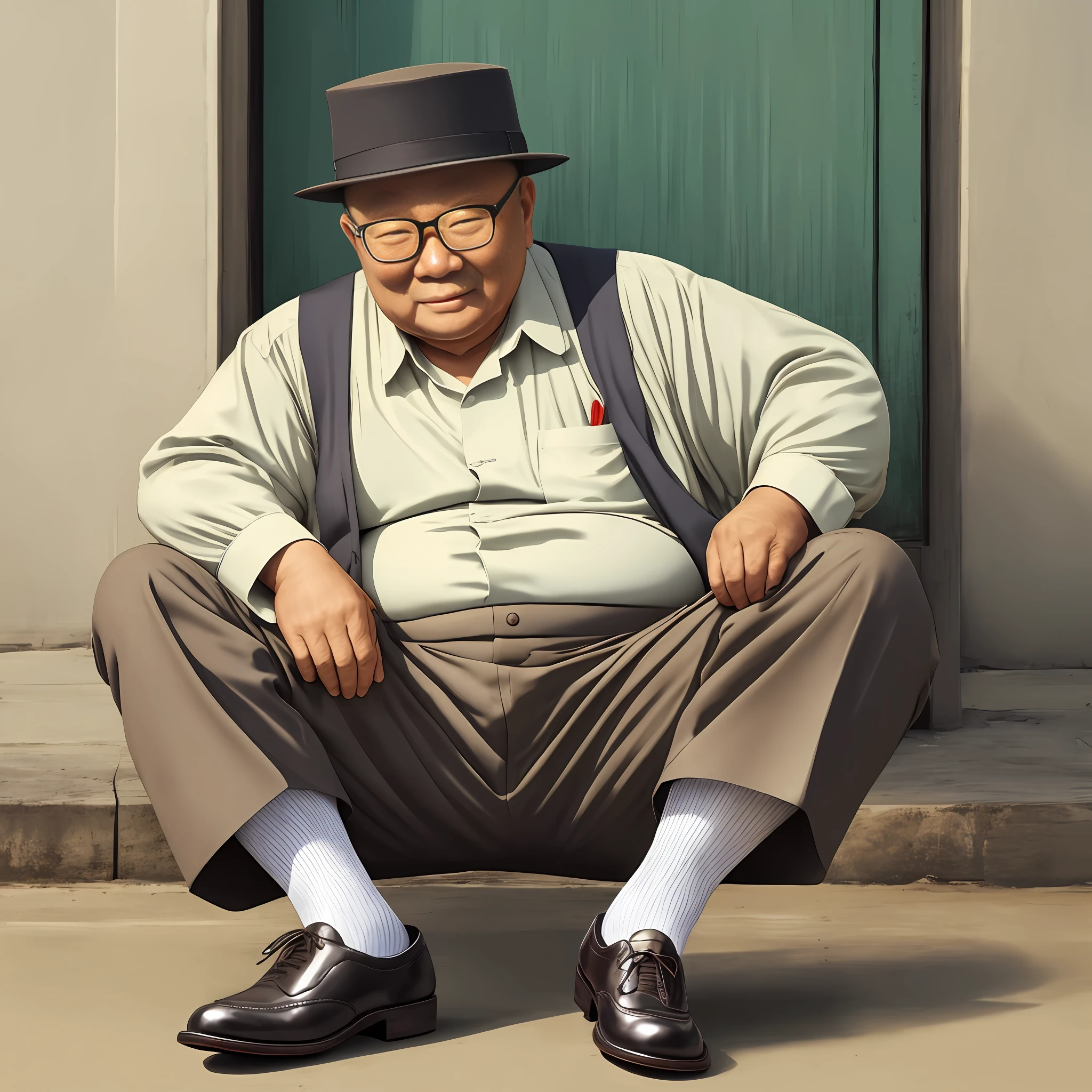 suit leaky ankle business socks Chinese old man slightly fat elegant kind old man wearing glasses one person with two legs old gentleman