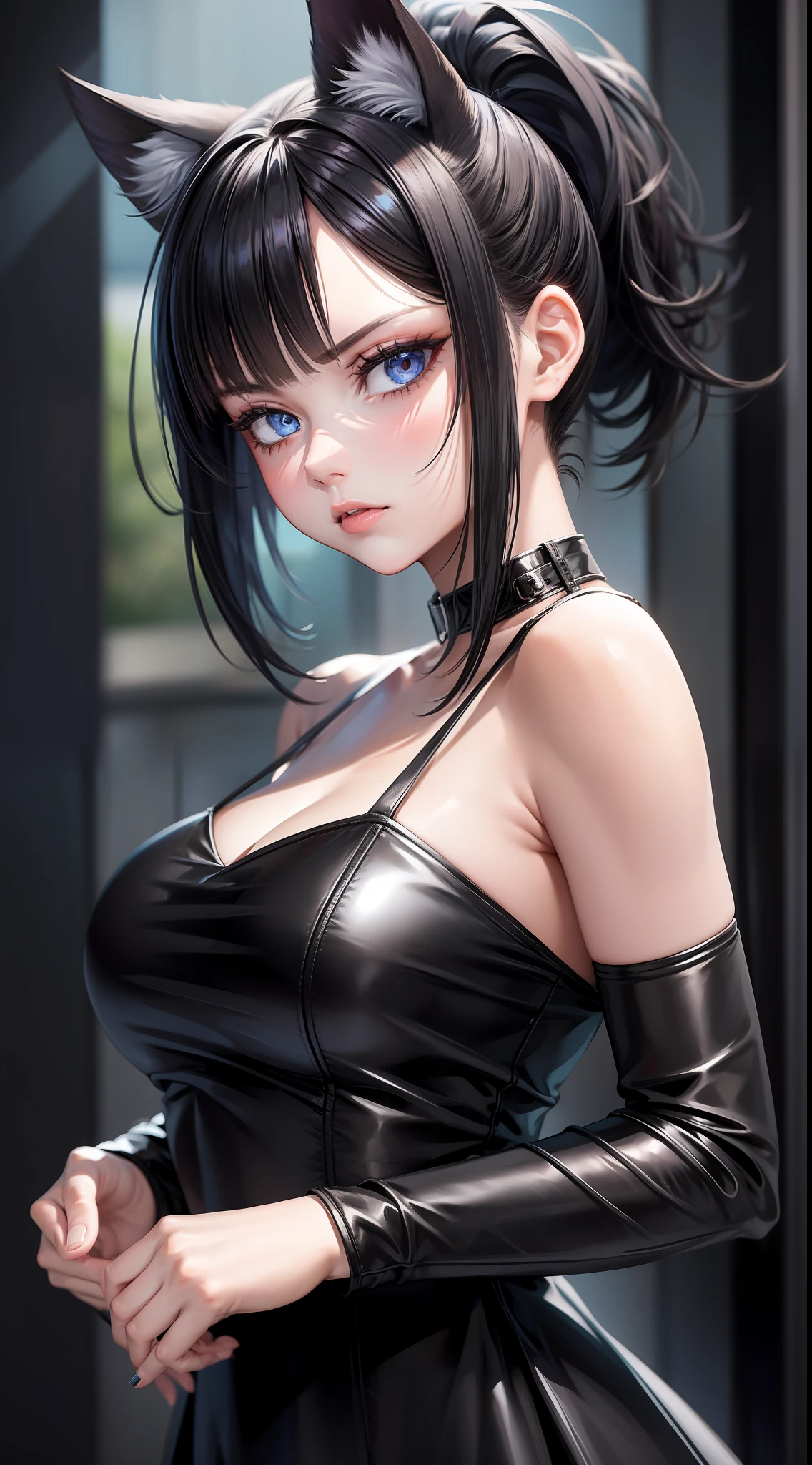 Adult girl, short black hair, high ponytail, blue eyes, cat ears, dark dress, open shoulders, stern look, masterpiece, high quality