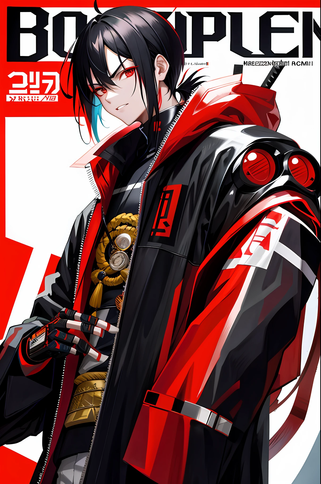 1 samurai, black hair, cyberpunk, street style, streets of Tokyo, bright, red eyes, looking at viewer, upper body, megazine cover, shogum