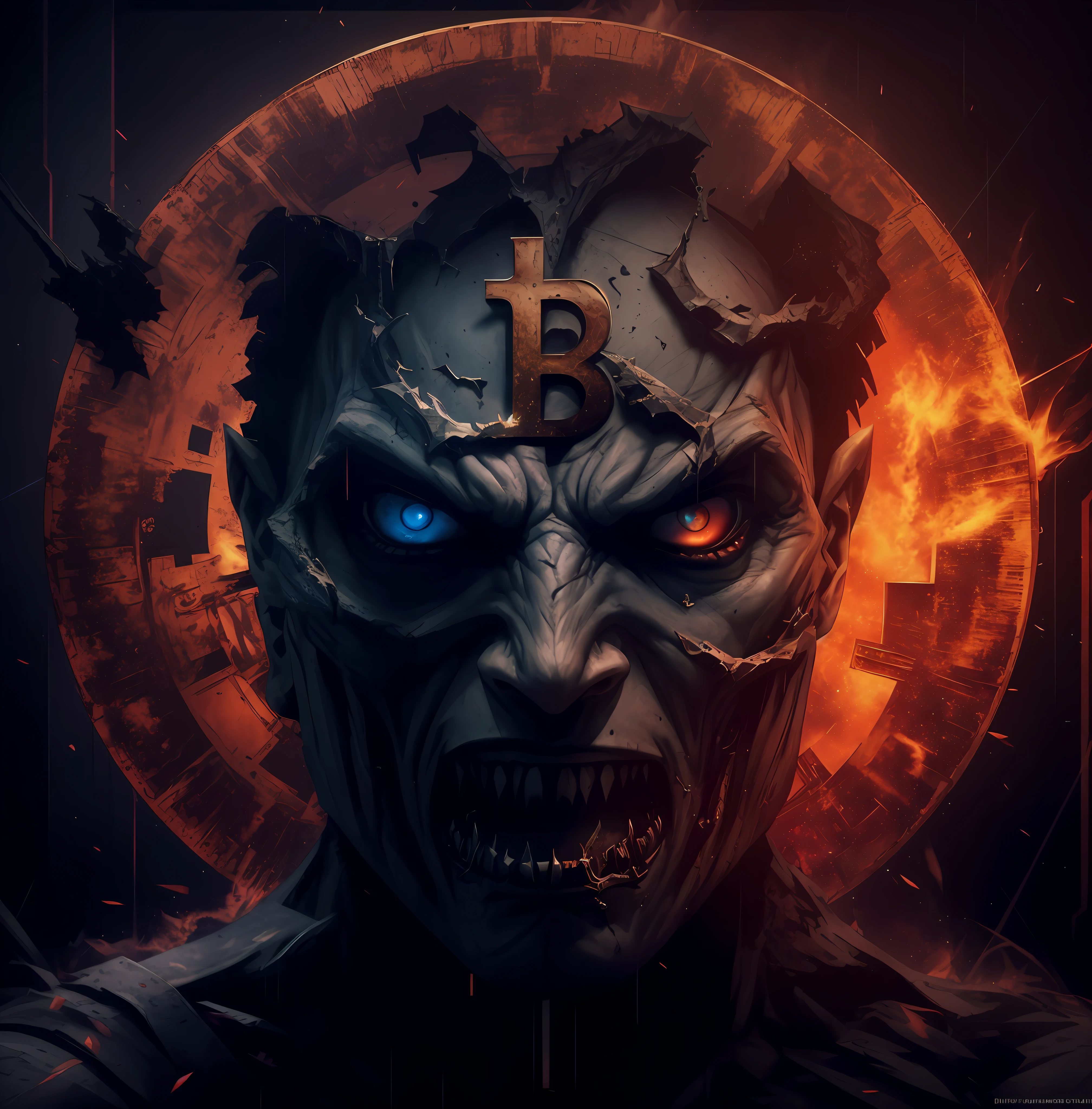 a close up of a demonic looking man with a clock face, bitcoin evil, 4k highly detailed digital art, 4k detailed digital art, 8k hd wallpaper digital art, detailed 4k horror artwork, 3d digital art 4k, digital art 4k unsettling, digital artwork 4 k, dark but detailed digital art, symmetry!! portrait of cyborg