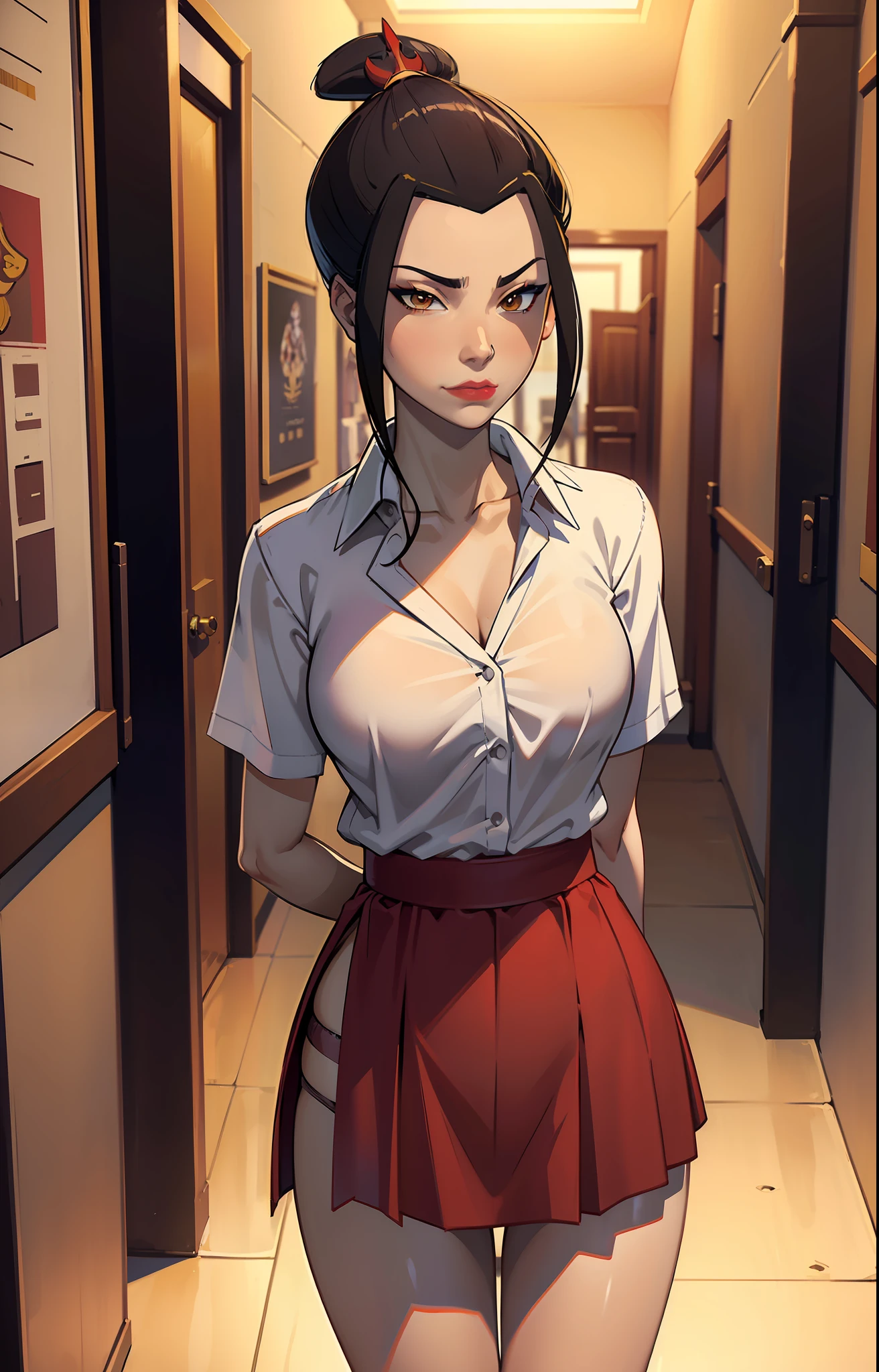 Masterpiece, Best Quality, Solo, 1girl, Azula, Closed Mouth, Smirk, Makeup, Neckline, (White Shirt, Extra Short Miniskirt, Panties), Wide Hips, Ass, Big Ass. standing, legs apart, lipstick, looking at the viewer, school background, erotica, gyaru, schoolgirl-whore