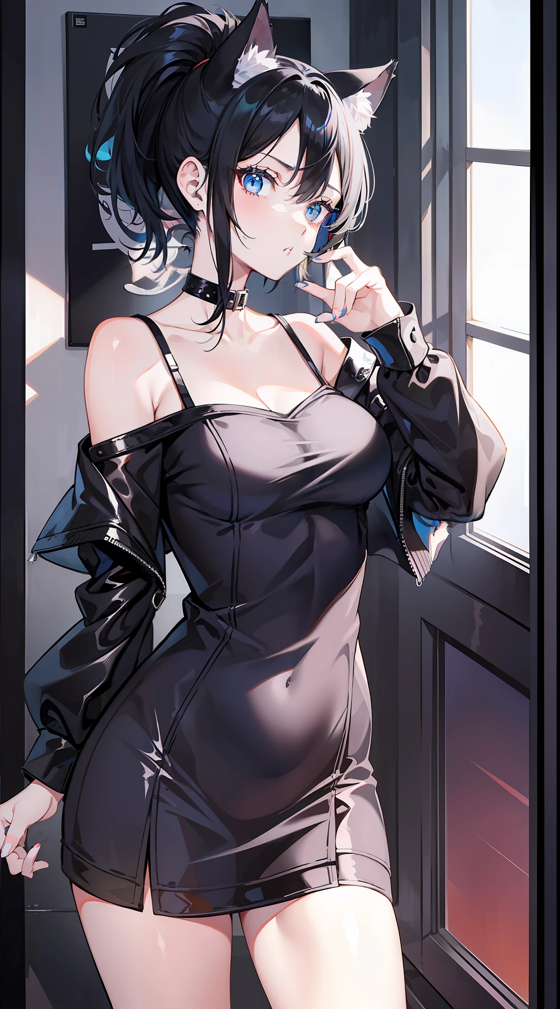 Adult girl, short black hair, high ponytail, blue eyes, cat ears, dark dress, open shoulders, stern look, masterpiece, high quality