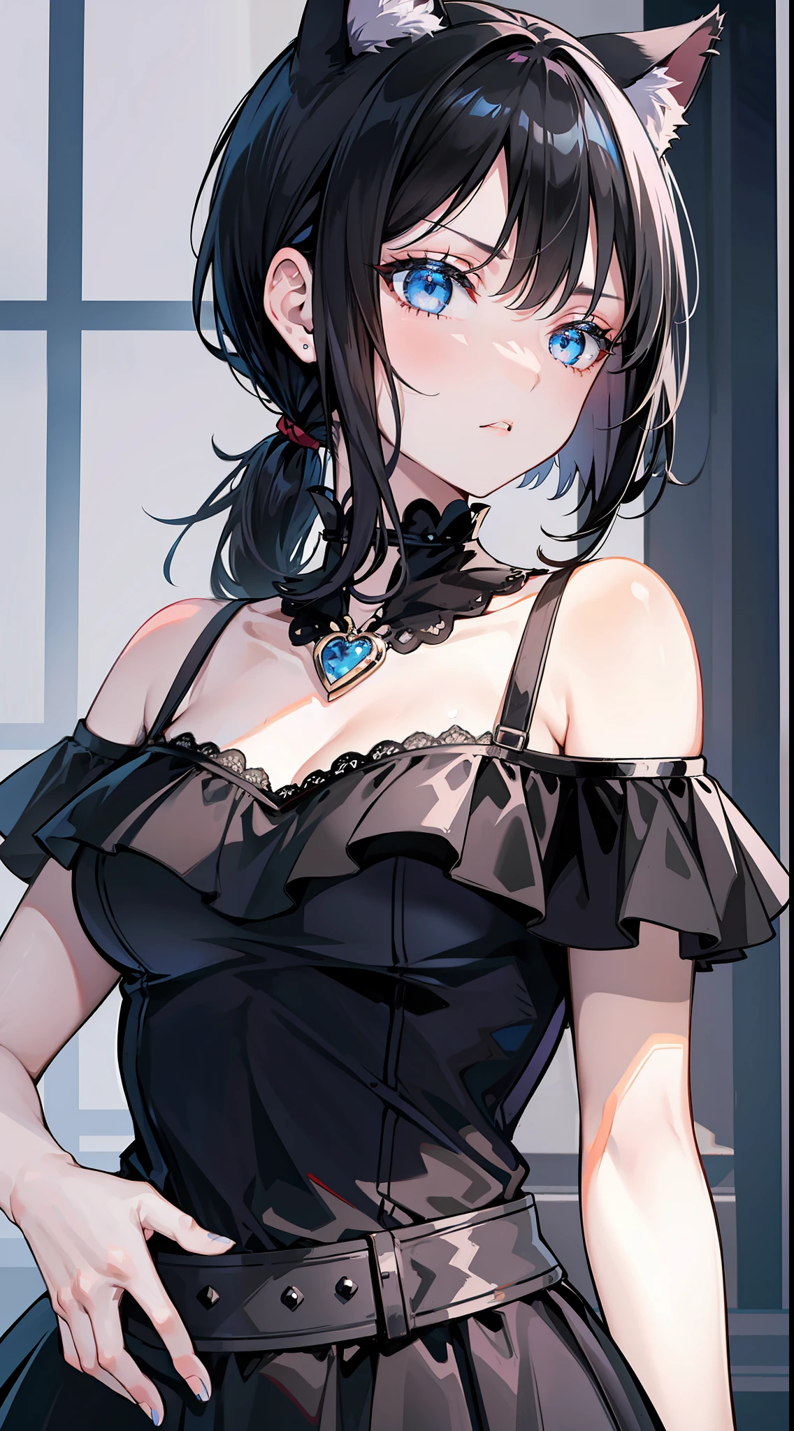 Adult girl, short black hair, high ponytail, blue eyes, cat ears, dark dress, open shoulders, stern look, masterpiece, high quality