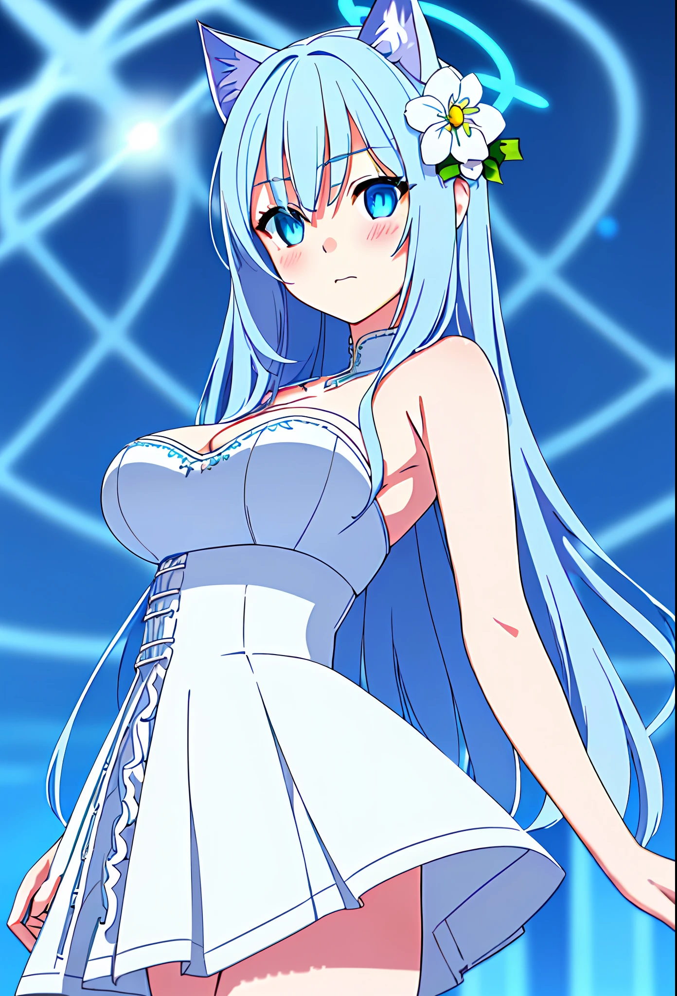 (sunaookami shiroko:1.2), {{{{masterpiece, extremely detailed, intricate details, soft focus, 8K, highres, depth of field, absurdres, high quality facial shadowing, dynamic shadowing, extreme shaders, cinematic lighting, perfect lighting, soft lighting, hazy lighting, blurry foreground, lens flare}}}}, best quality, asian qualities, (solo:1.2), (beautiful young girl:1.3), high school girl, {{{extremely detailed girl, perfect anatomy, perfect body}}}, (detailed neon angel halo:1.4), bright blue double halo, (beautiful-detailed waist-length hair:1.3), dark silver hair, luscious curly hair, (hair splayed out:1.2), beautiful-detailed facial structure, detailed beautiful face:1.3, sexy face, cute face, slender facial structure, (detailed face:1.33), (beautiful-detailed eyes:2), big eyes, (detailed clouded eyes:1.3), glowing bright blue eyes, cat eyes, (detailed cat ears:1.3), neon silver blue cat ears, (detailed angel wings:1.4), small white angel wings, (detailed boobs:1.2), medium size boobs, (detailed facial expression:1.1), shy, embarrassed, detailed red blush, (slim waist:1.1), (slim legs:1.1), (detailed hair ornament:1.3), (white flower side hair ornament:1.3), (detailed strapless halter sun-dress:1.5), beautiful-detailed white plain summer dress, (detailed a-line skirt:1.5), beautiful-detailed plain white skirt, winter night, (enhanced background:1.4), snow falling at midnight with clear skies overhead, snow on sidewalks with Christmas lights on tree's surrounded the viewer, (cowboy shot:1.4), (front view:1.3), hazy photo, (warm photo:1.3)