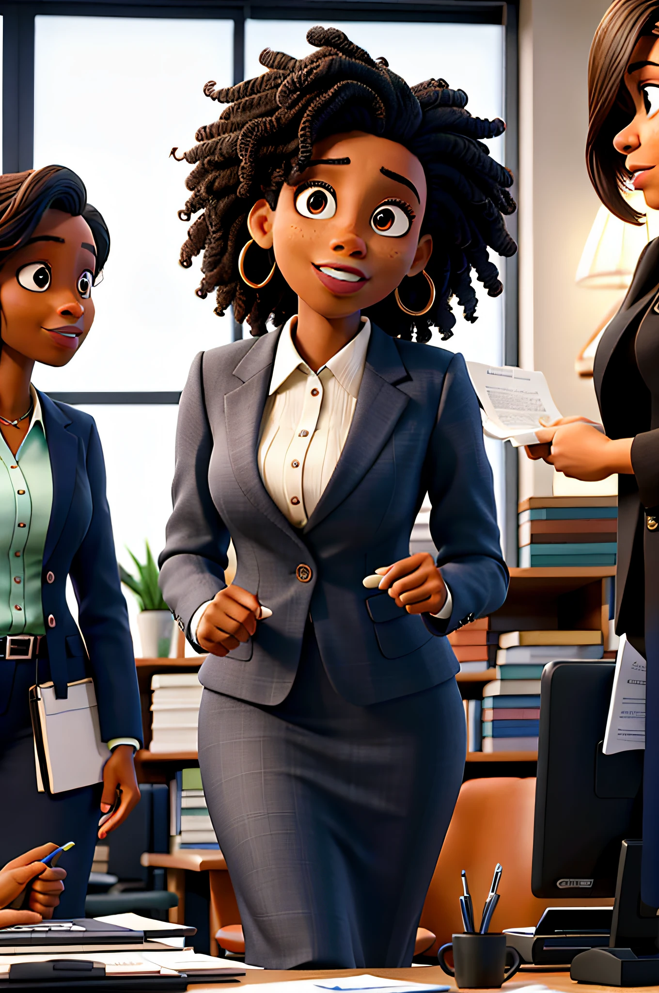 Masterpiece, best quality, diverse office conference room meeting: Successful black woman lawyer in a courtroom presents her client's defense