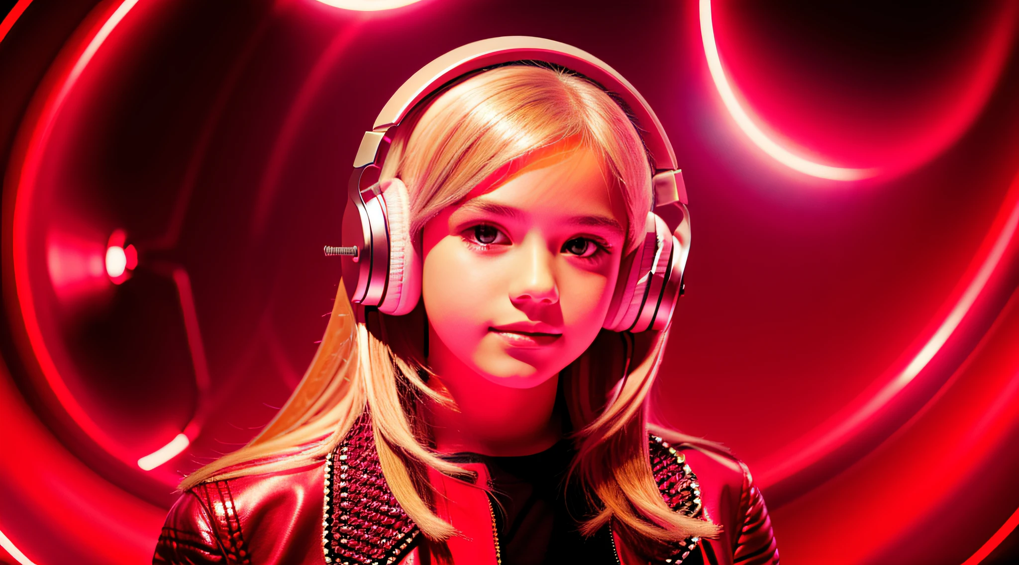 GIRL child , RUSSIAN BLONDE long hair and headphones, portrait, SILVER LEATHER JACKET, VINYL AND CDS red background. --auto --s2