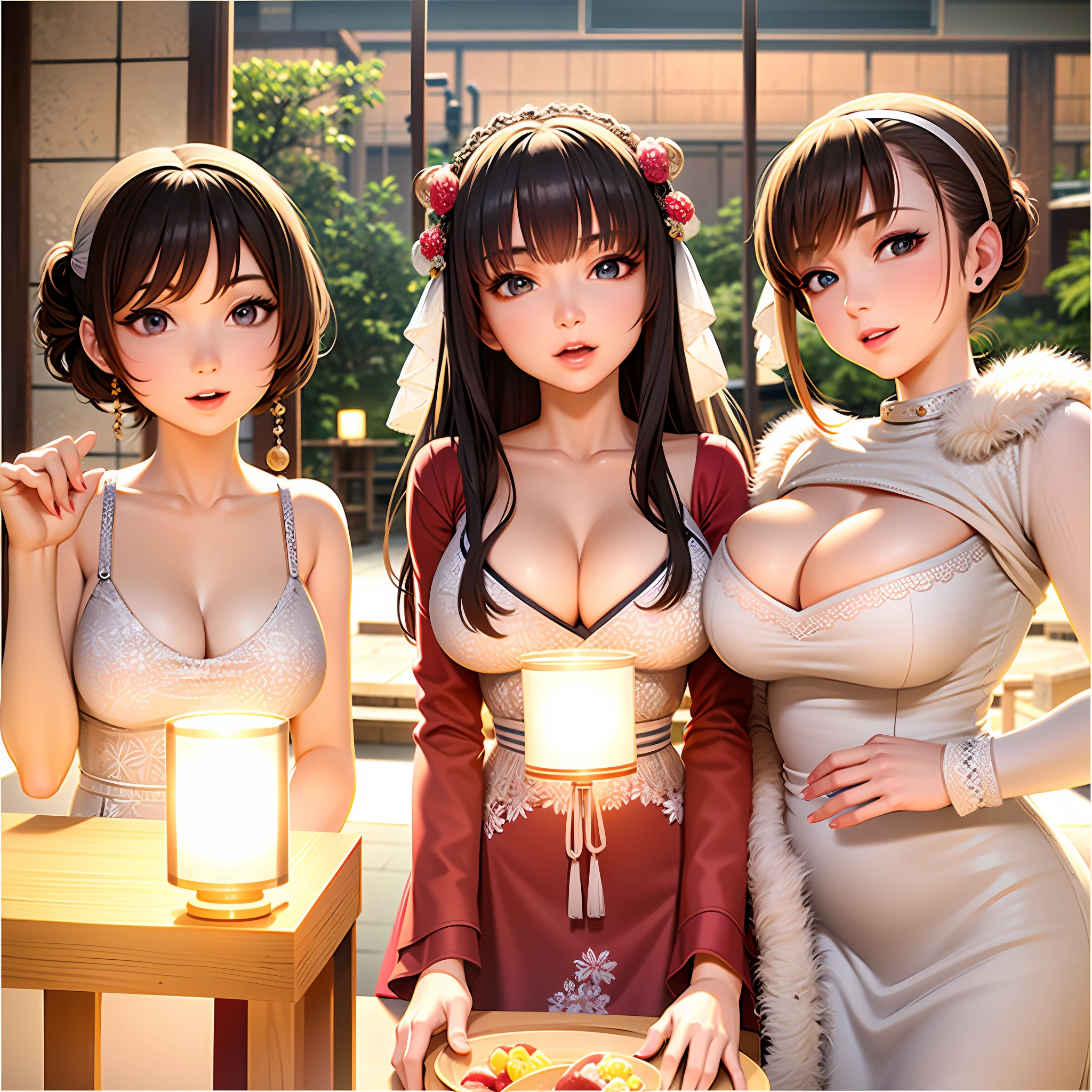 best quality, high resolution, extremely detailed photography, professional lighting, 3 girls, Japanese actress, 20yo, slender, detailed medium breasts, cleavage, beautiful detailed face and eyes, wide eyed, detailed shoulders, detailed bust