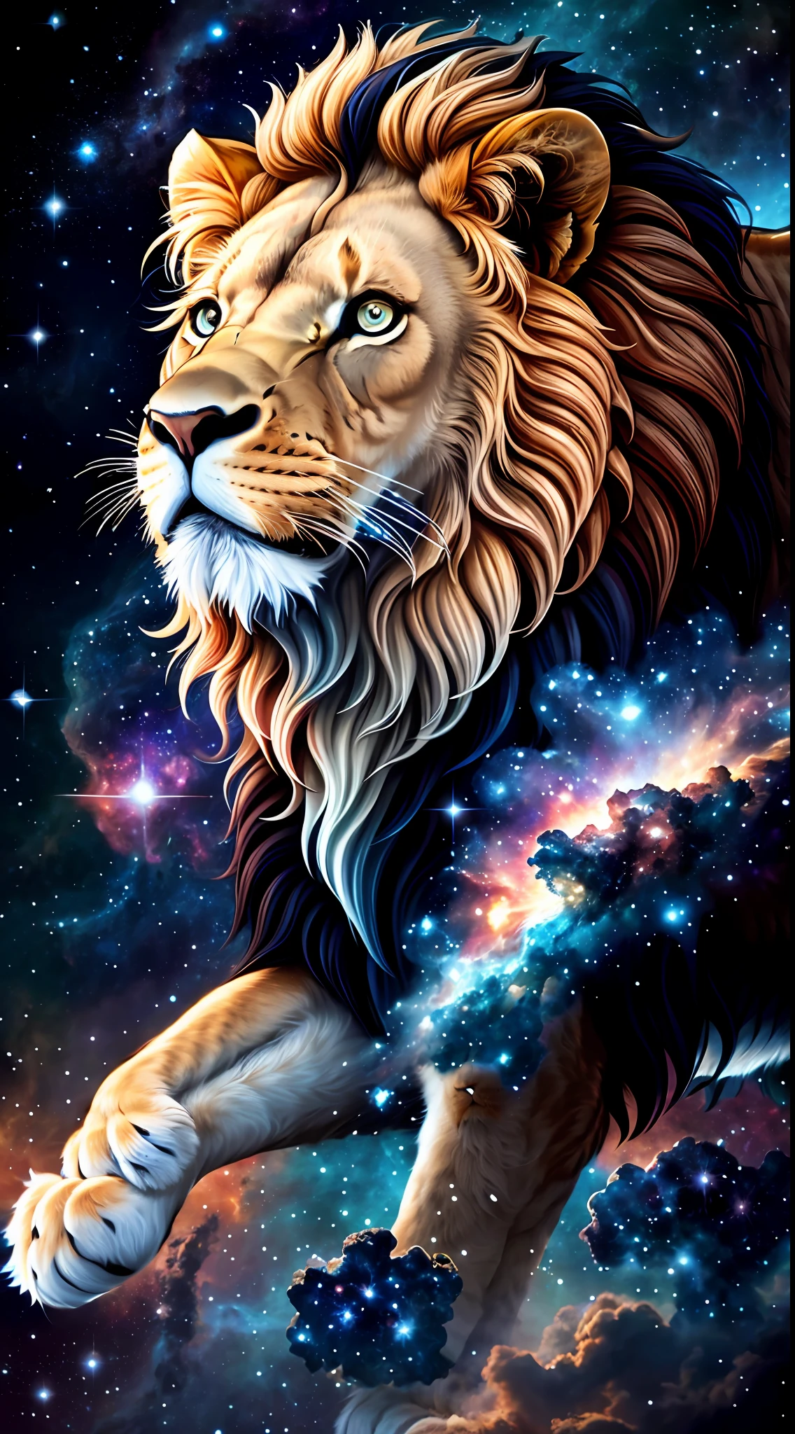 Lion with important expression, whole body, detailed Baby blue nebula background, James Webb, magic, dramatic light, 8k, photorealistic, complex details, ultra realistic, photo taken from afar