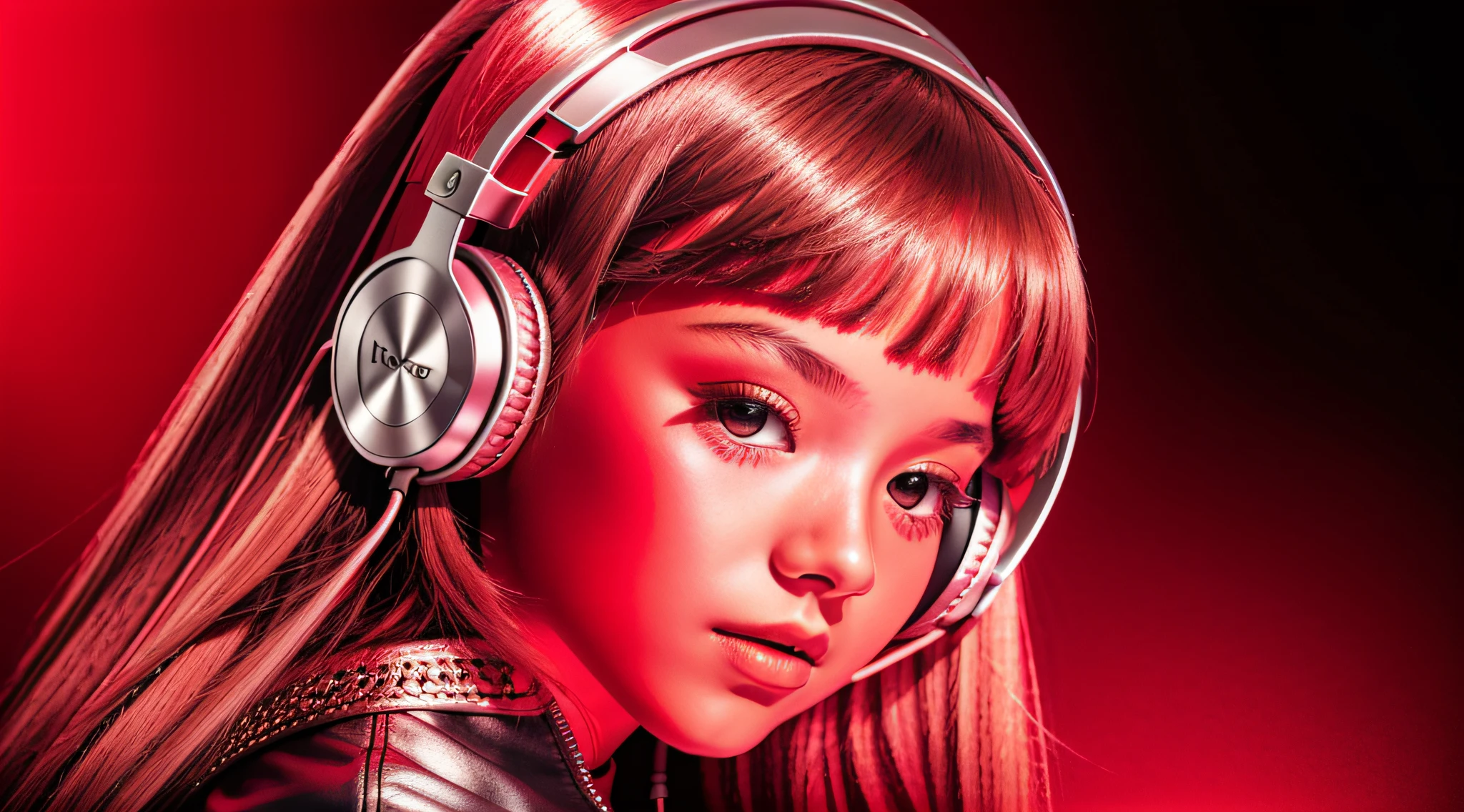 GIRL child 12 years old, RUSSIAN BLONDE long hair and headphones, portrait, SILVER LEATHER JACKET, VINYL AND CDS red background. --auto --s2