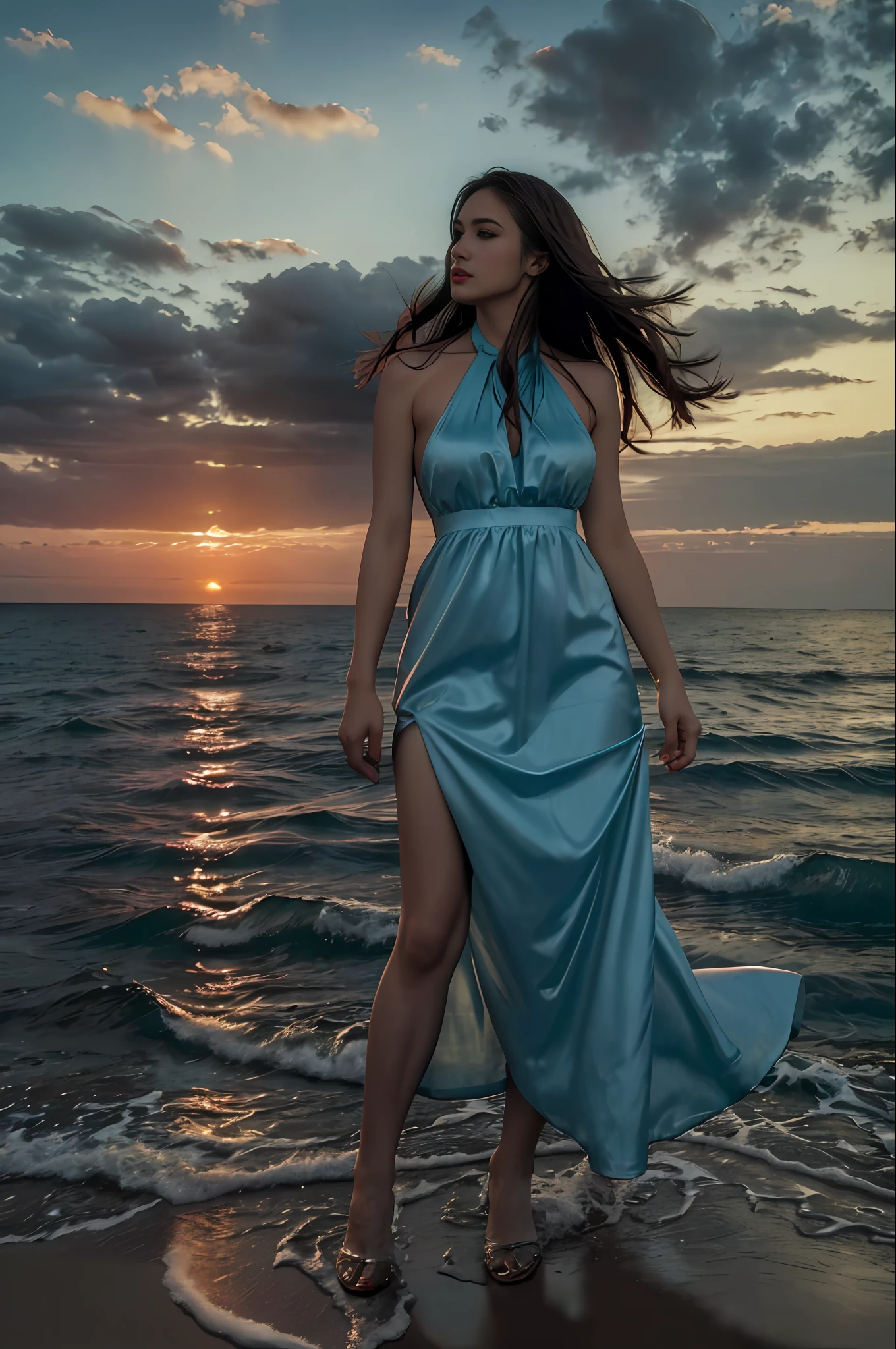 Best quality,masterpiece,ultra high res,(photorealistic:1.4),1 girl, solo, halter dress, ocean, dusk, sunrise,