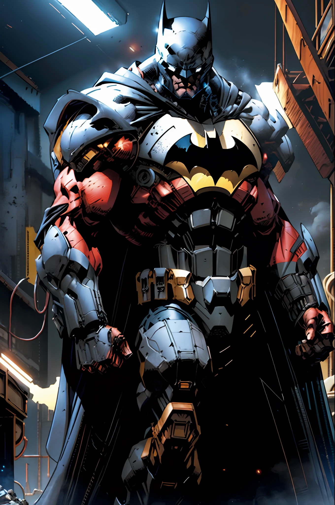 cinematic closeup, concept art, masterpiece, best quality, batman helmet, monstrous, giant, front, mechanical weapons, black technological armor, black cloak, science fiction, capes, mecha, 
Ink, Simple, Light Lines, Flat Color, High Contrast, Vector Art, by Jim Lee