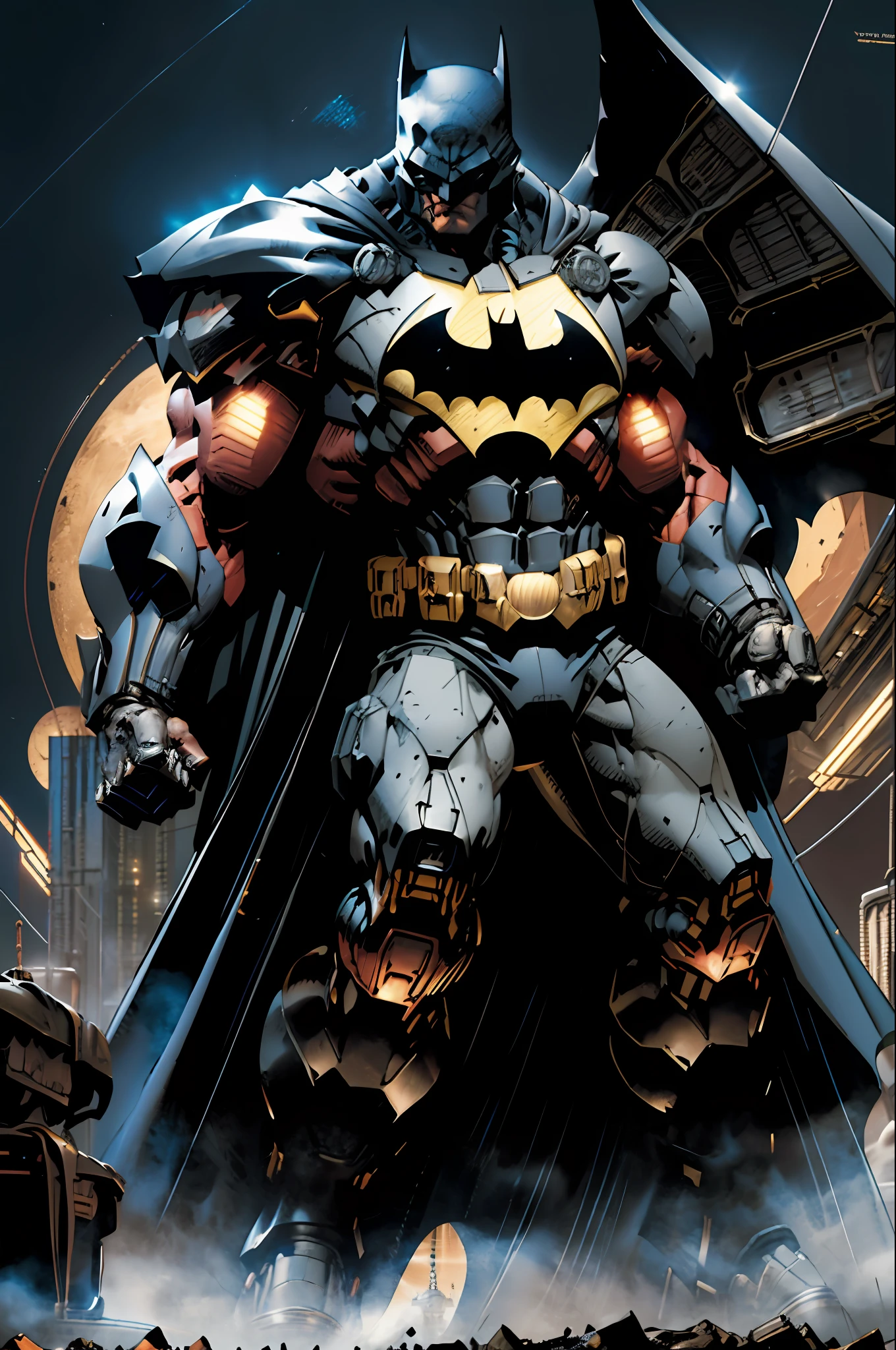 cinematic closeup, concept art, masterpiece, best quality, batman helmet, monstrous, giant, front, mechanical weapons, black technological armor, black cloak, science fiction, capes, mecha,
Ink, Simple, Light Lines, Flat Color, High Contrast, Vector Art, by Jim Lee