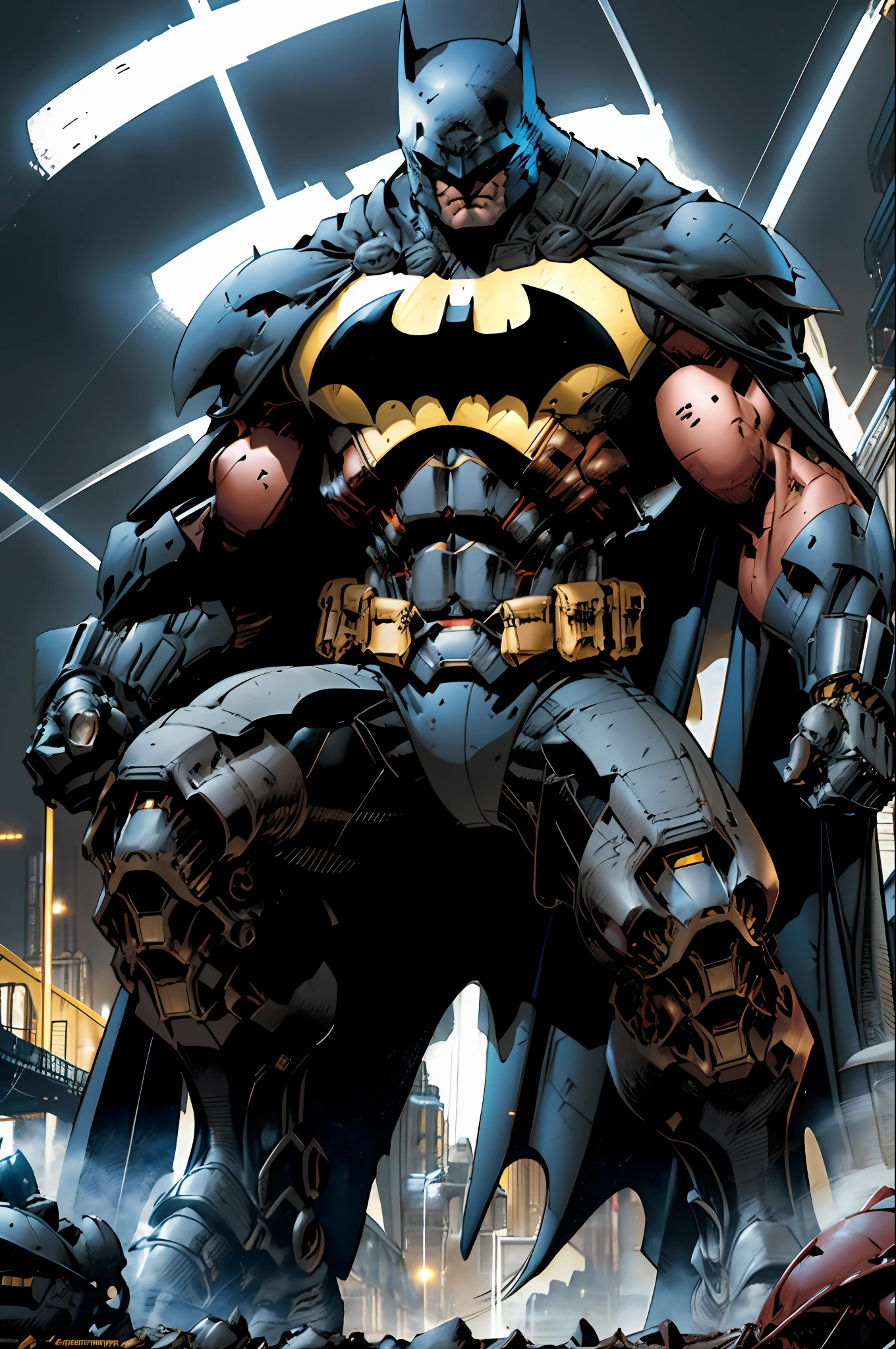 cinematic closeup, concept art, masterpiece, best quality, batman helmet, monstrous, giant, front, mechanical weapons, black technological armor, black cloak, science fiction, capes, mecha, 
Ink, Simple, Light Lines, Flat Color, High Contrast, Vector Art, by Jim Lee