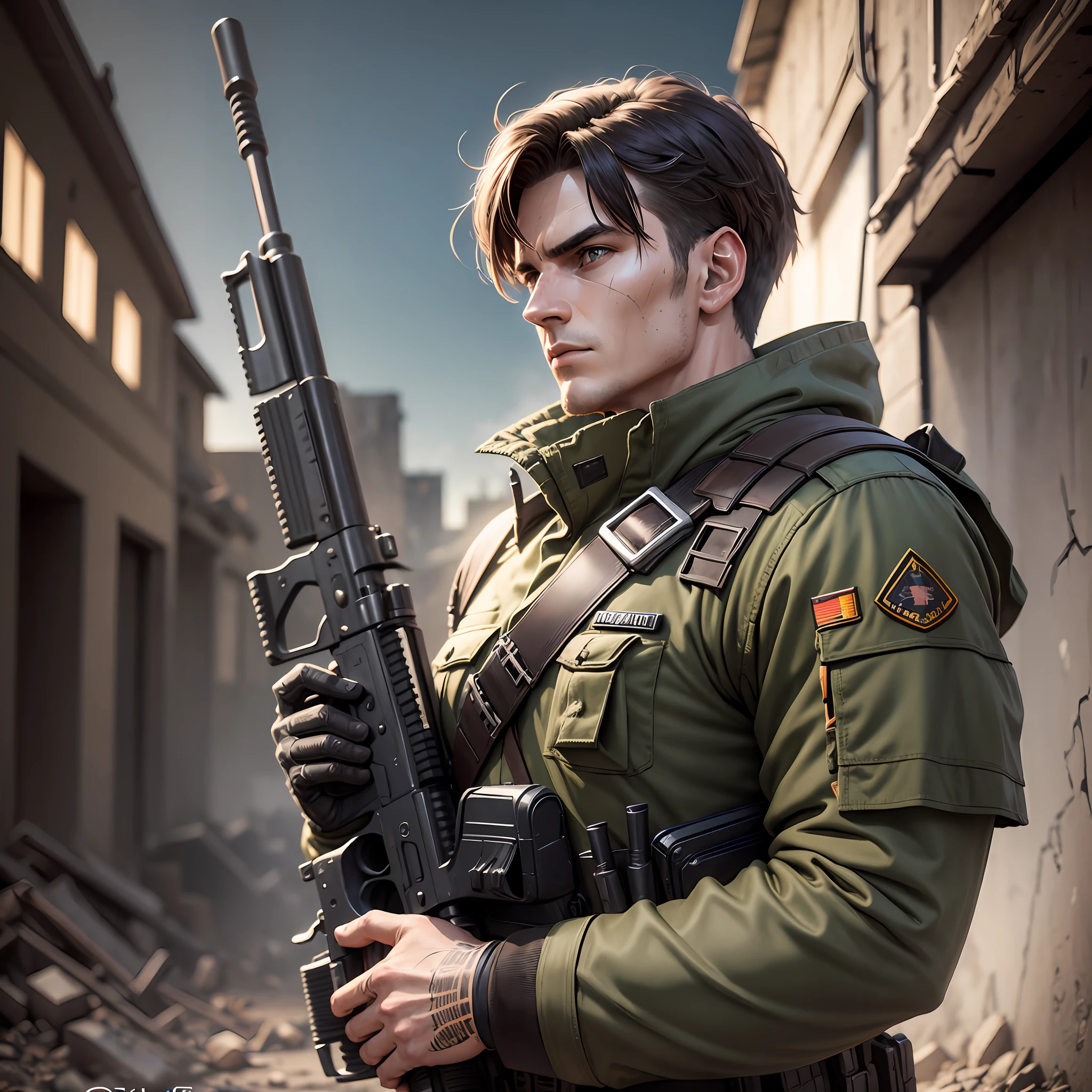 Soldier with dark uniform and rifle, ruined background, realistic, stylish, rutkowski, hdr, intricate details, hyperdetailed, cinematic, rim light, danger atmosphere --auto --s2