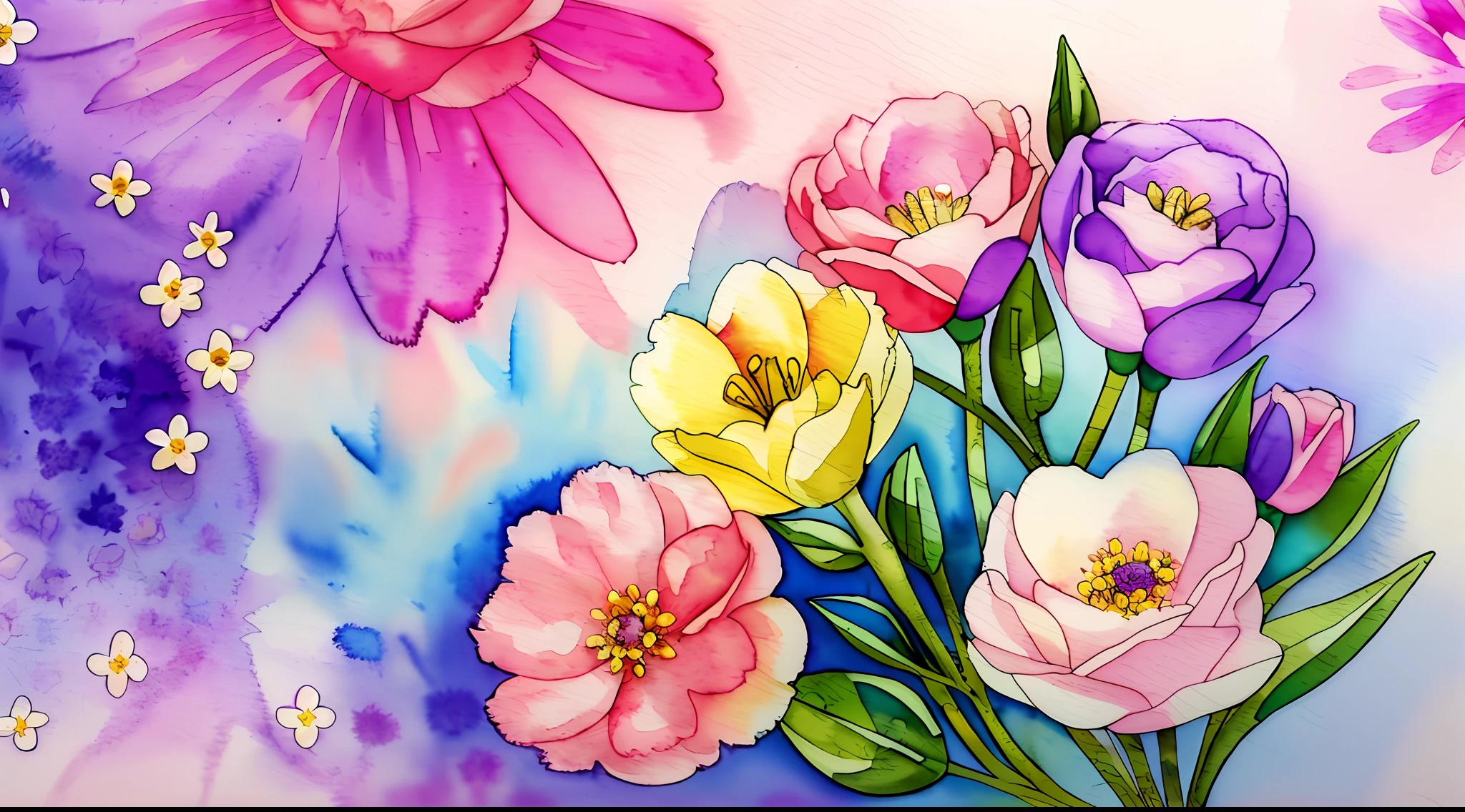 A well-flowered background with beautiful flowers, pattern, watercolor style, all very small, giving a charm, spring.