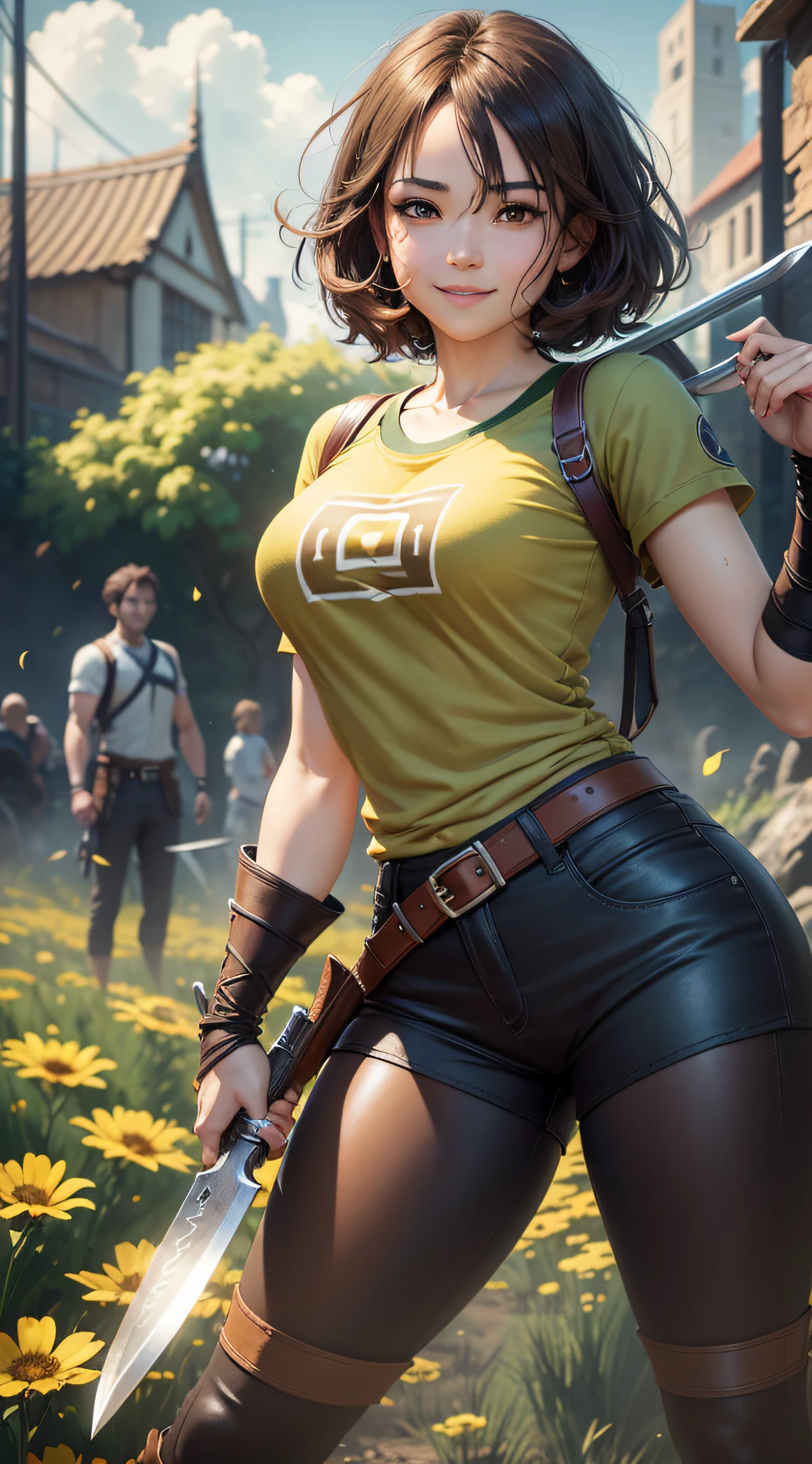 Anime girl with short, brown hair), (Brown eyes), (simple t-shirt! short-sleeved green!) (Brown pants! Simple!) (Brown booty) (Holding a Knife in One Hand) (In a garden of yellow flowers, with several destroyed pillars behind) (Dark place) (Undertale) (Smiling) oc commission, (full body commission) for anime, hyper realistic texture, photo realistic, ultra detailed, no drawing edges, Smiling! , photorealistic, dark scenery, fighting using sword and pistol, texture of ultra realistic clothes, natural lighting, realistic lighting, no dark edges, detailed shadows, ultra realistic photo, absurd realistic, realism, no drawing edges, ultra absurd photorealistic, mega realistic hair, mega realistic clothes, absurdly realistic details, no deformities, no drawing edges, no drawing lines, 8K, 4K