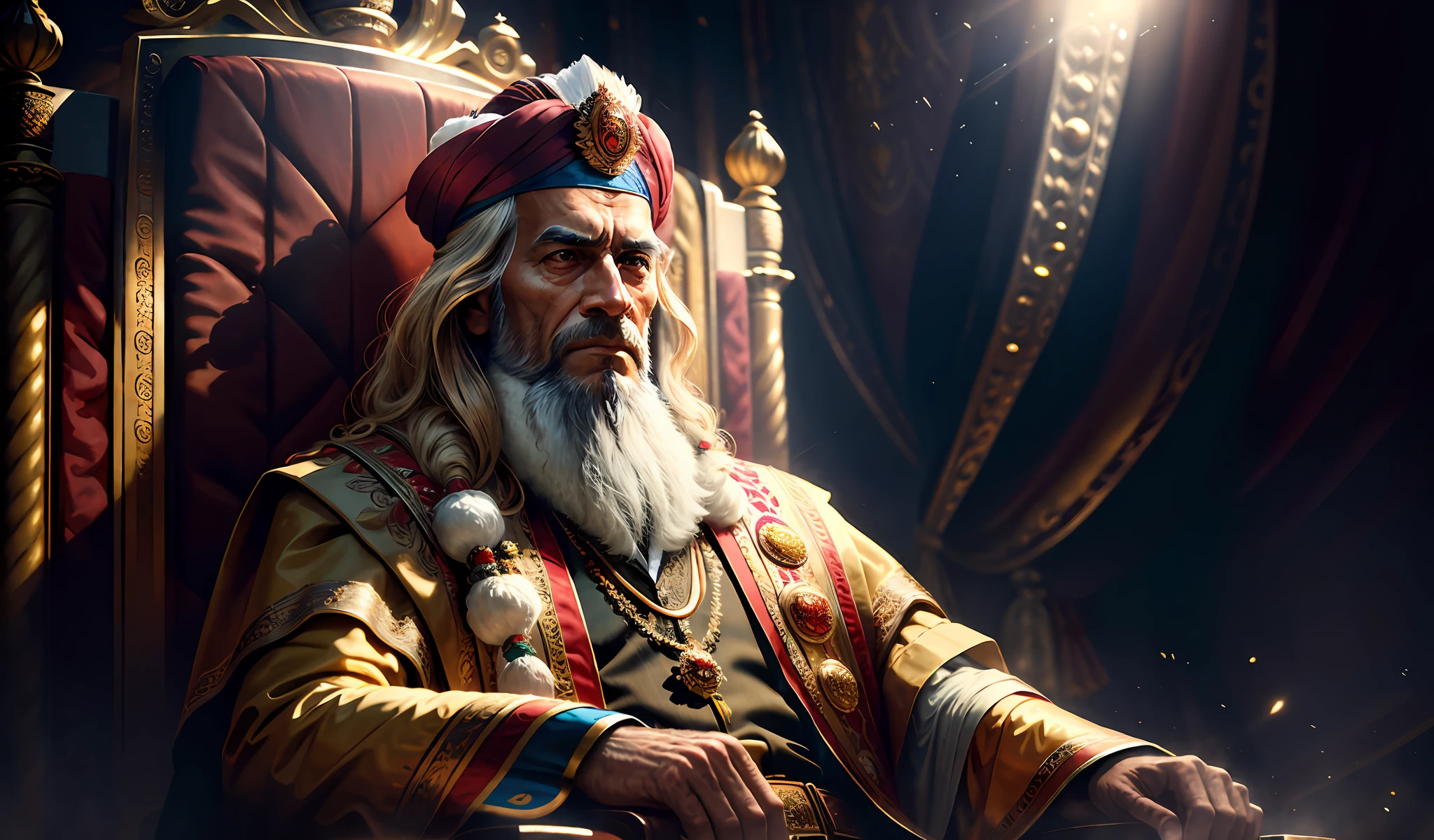 masterpiece, high quality, solo focus, Himalayan king, man, high angle, focus on face, face details, realistic face, senate on a throne, head resting on arm, intimidating pose, kodak portra 400 camera f1.6 lens rich colors hyper realistic texture dramatic lighting unreal engine trend on artstation cinestill 800