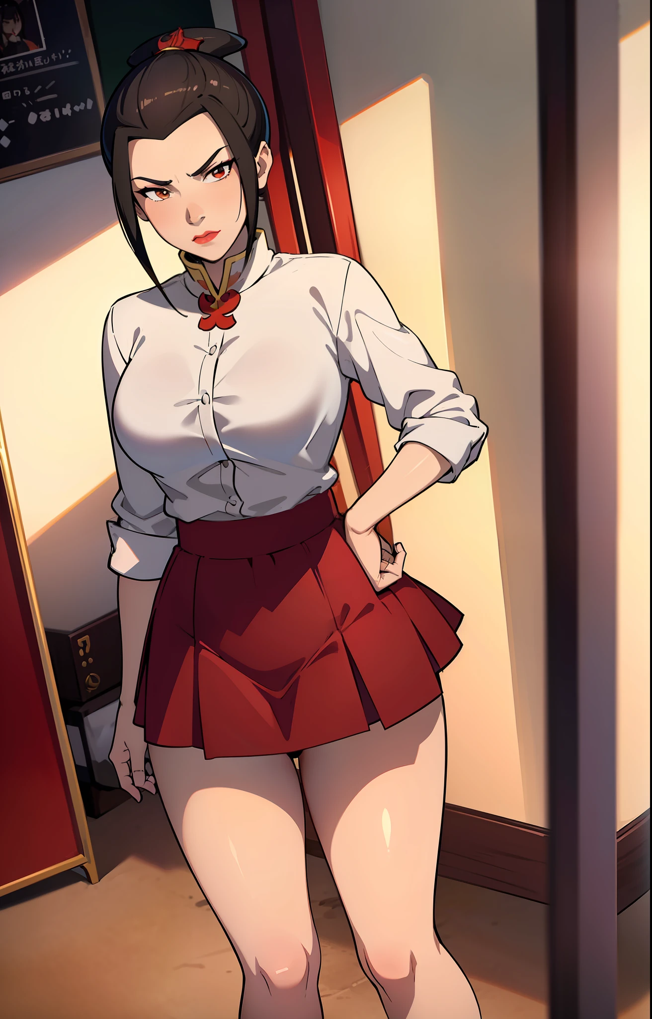 Masterpiece, Best Quality, Solo, 1girl, Azula, Closed Mouth, Smirk, Makeup, Neckline, (White Shirt, Extra Short Miniskirt, Panties), Wide Hips, Ass, Big Ass. standing, legs apart, lipstick, looking at the viewer, school background, erotica, gyaru, schoolgirl-whore