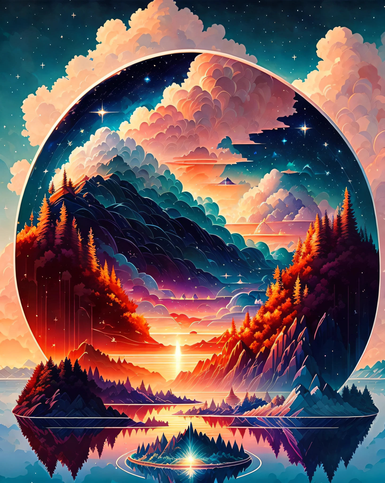 A beautiful land full of water and and clouds, astrophotogr,masterpiece, expert, insanely detailed, 4k, composition, centered, painted, intricate, volumetric lighting, beautiful, rich deep color masterpiece, sharp focus, ultra detailed, no dan mumford and marc simonetti style, vector, print