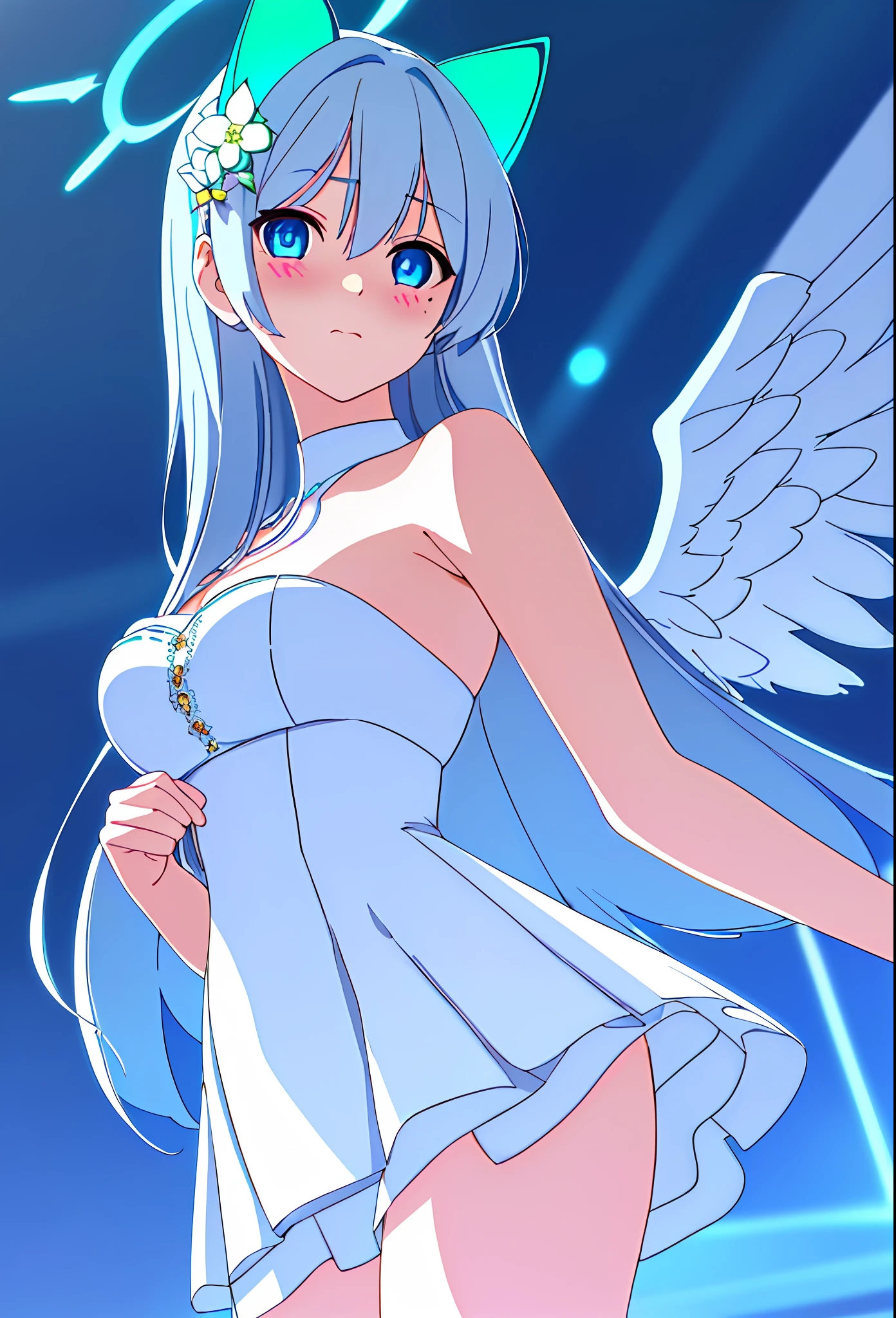 (sunaookami shiroko:1.2), {{{{masterpiece, extremely detailed, intricate details, soft focus, 8K, highres, depth of field, absurdres, high quality facial shadowing, dynamic shadowing, extreme shaders, cinematic lighting, perfect lighting, soft lighting, hazy lighting, blurry foreground, lens flare}}}}, best quality, asian qualities, (solo:1.2), (beautiful young girl:1.3), high school girl, {{{extremely detailed girl, perfect anatomy, perfect body}}}, (detailed neon angel halo:1.4), bright blue double halo, (beautiful-detailed waist-length hair:1.3), dark silver hair, luscious curly hair, (hair splayed out:1.2), beautiful-detailed facial structure, detailed beautiful face:1.3, sexy face, cute face, slender facial structure, (detailed face:1.33), (beautiful-detailed eyes:2), big eyes, (detailed clouded eyes:1.3), glowing bright blue eyes, cat eyes, (detailed neon cat ears:1.3), neon blue cat ears, (detailed angel wings:1.4), small white angel wings, (detailed boobs:1.2), medium size boobs, (detailed facial expression:1.1), shy, embarrassed, detailed red blush, (slim waist:1.1), (slim legs:1.1), (detailed hair ornament:1.3), (white flower side hair ornament:1.3), (detailed strapless halter sun-dress:1.5), beautiful-detailed white plain summer dress, (detailed a-line skirt:1.5), beautiful-detailed plain white skirt, winter night, (enhanced background:1.4), snow falling at midnight with clear skies overhead, snow on sidewalks with Christmas lights on tree's surrounded the viewer, (cowboy shot:1.4), (front view:1.3), hazy photo, (warm photo:1.3)