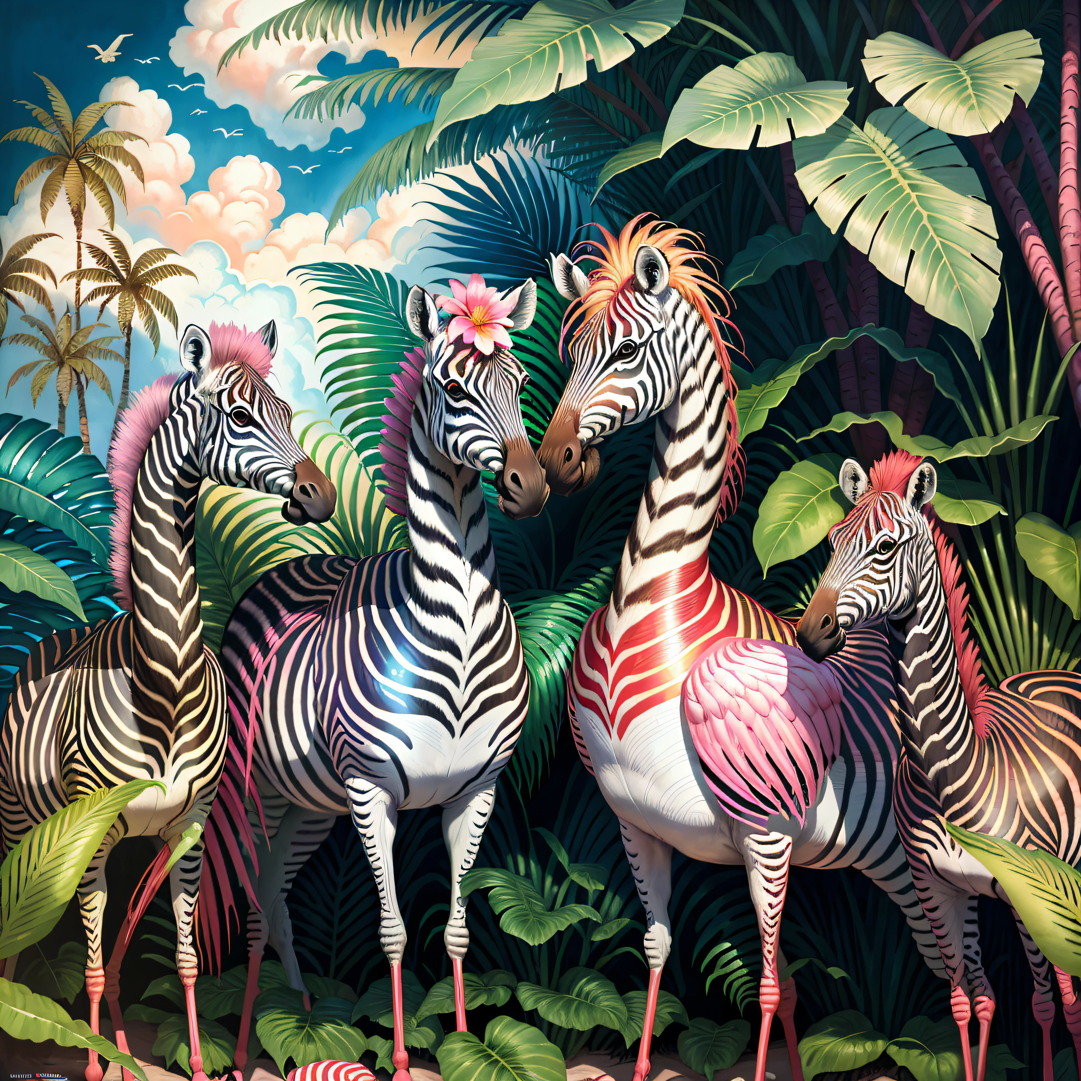 zebra and flamingos in the jungle with palm trees and flowers, jim warren, tropical, by Susan Heidi, tropical paradise, by David B. Mattingly, by Wayne England, by Joe Jusko, amazing background, tropical birds, wildlife illustration, by Richard Mayhew, by Ron Walotsky, hildebrandt, filled with fauna, tropical atmosphere --auto --s2