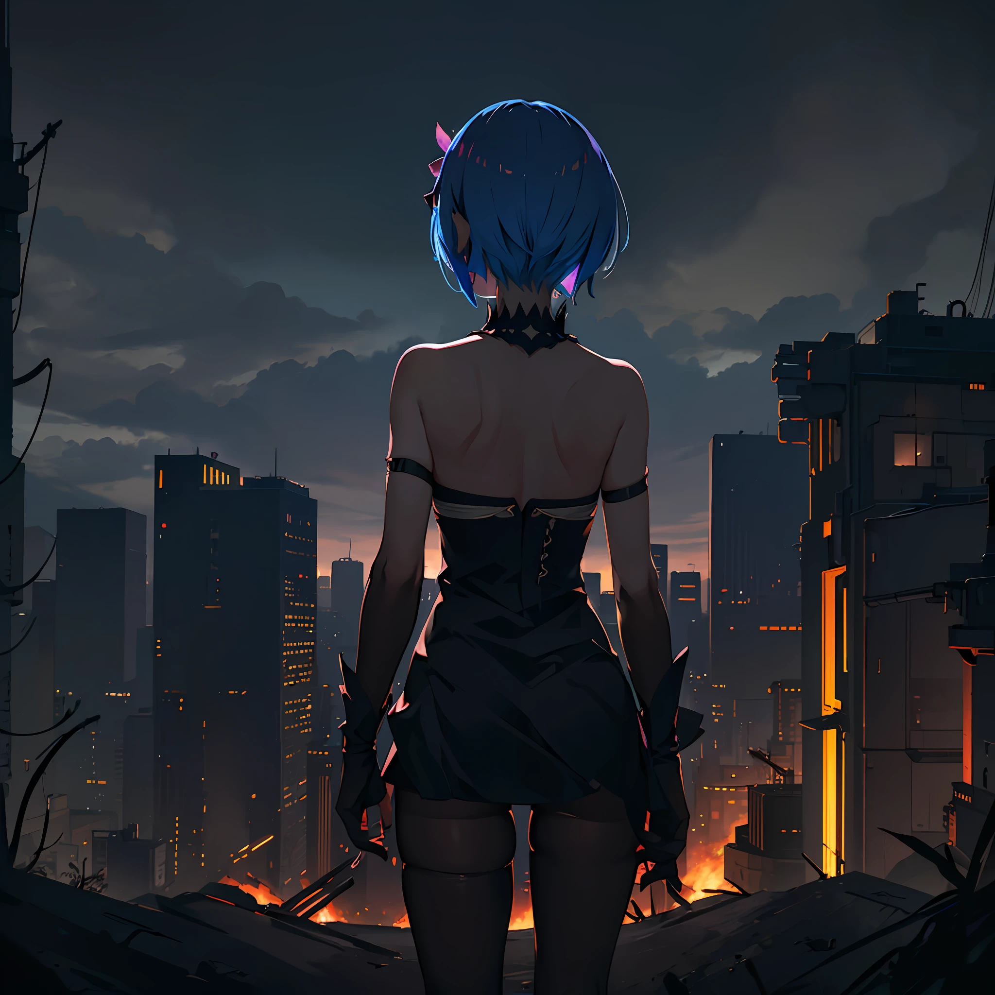 Dark abandoned city, lingerie, (Rem from Rezero), looking forward to a horizon, lens flare, flames, night, view from above, dark ambient, shadows, contrast, light focus at body