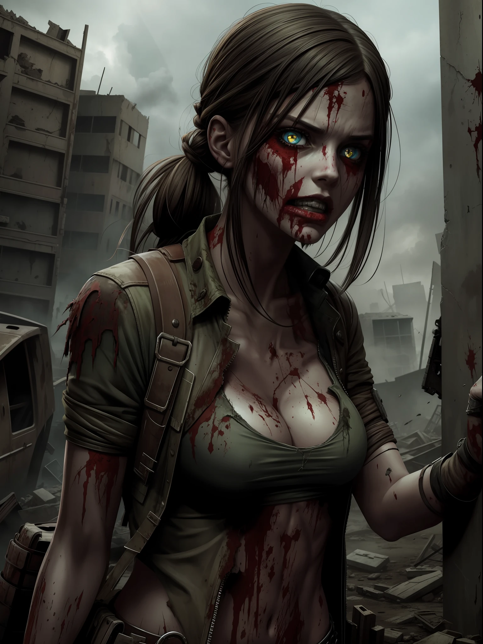 Post apocalyptic world, Zombie girl, beated up, deformed, Mutated