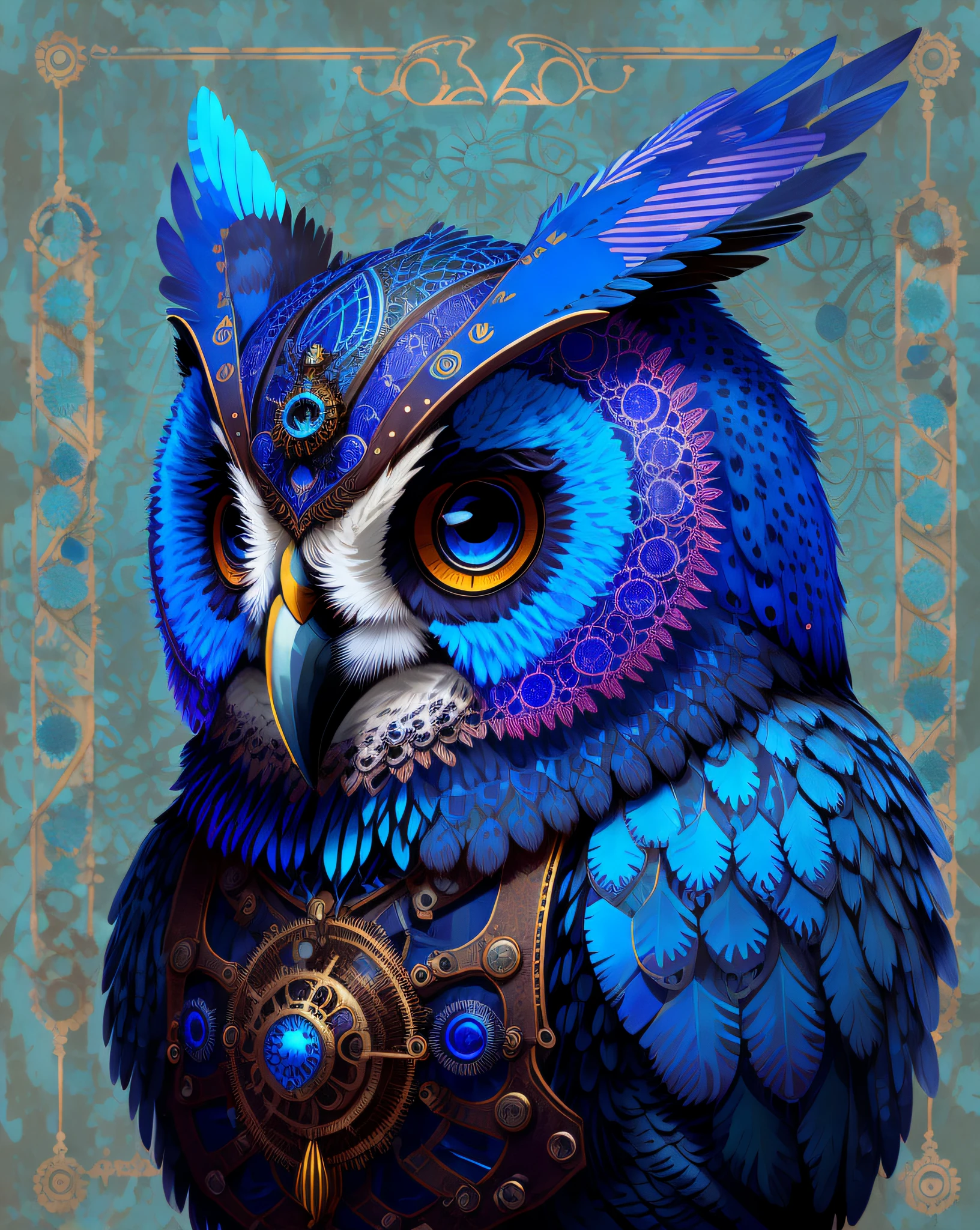 Portrait of an owl, steampunk, indigo blue, colorful, illustration, highly detailed, simple, smooth, and clean vector, no jagged lines, vector art, smooth, made all with grey colored gears inspired by future technology