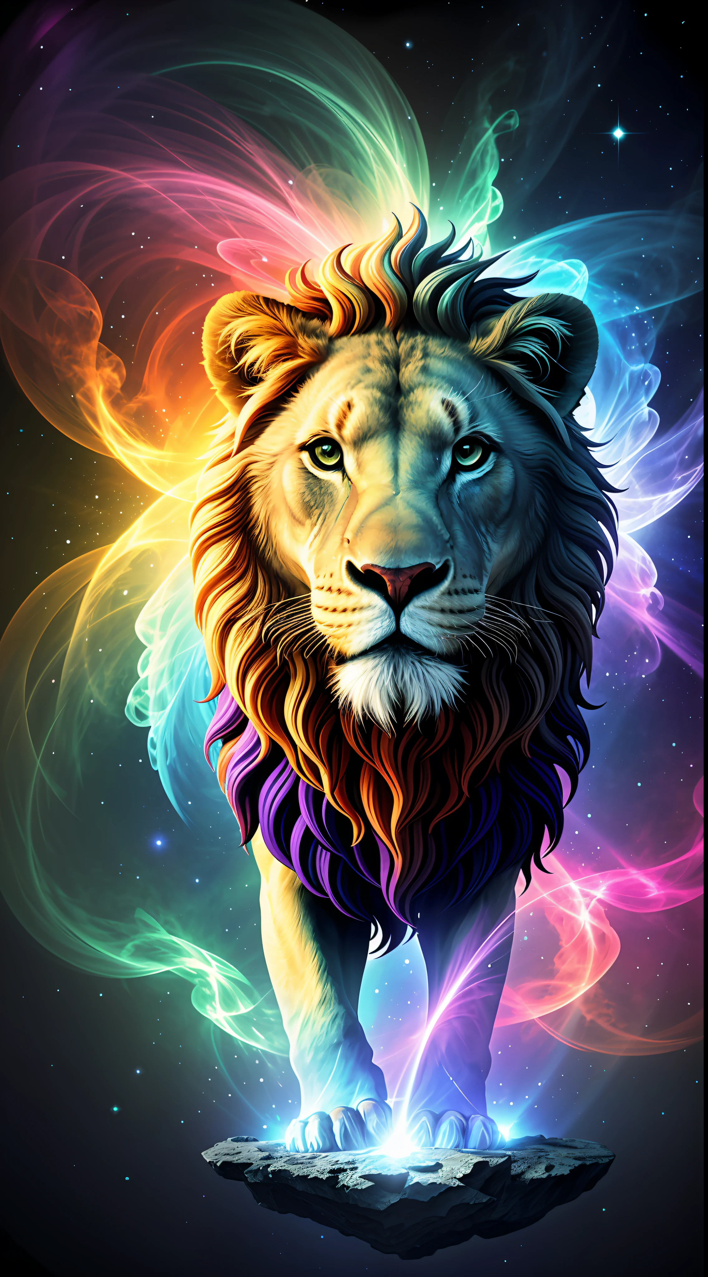 absurd, ultra detailed, Create an image using a prism effect, with light refraction and creating a colorful and kaleidoscopic appearance. Create an image with fisheye lens effect, capturing a wide field of view with a distinct, curved perspective. Capture of a lion with imposing Greek sculpture style expression, with a beautiful nebula in the colors baby blue and purple, conveying a sense of tranquility and natural beauty. , Illustrate a monochromatic world, convey depth, emotion and a stunning visual impact.