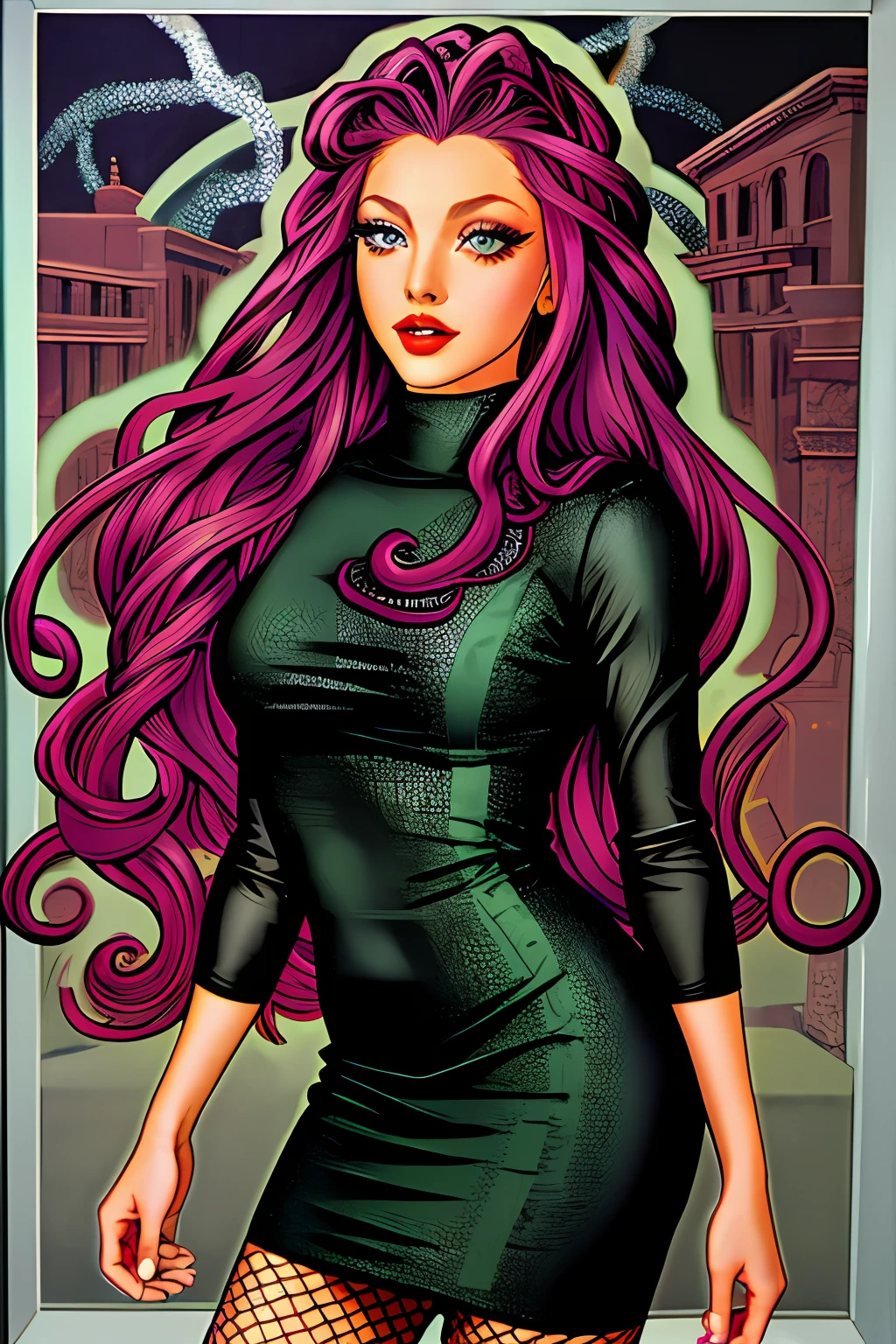 Medusa wears a fishnet dress