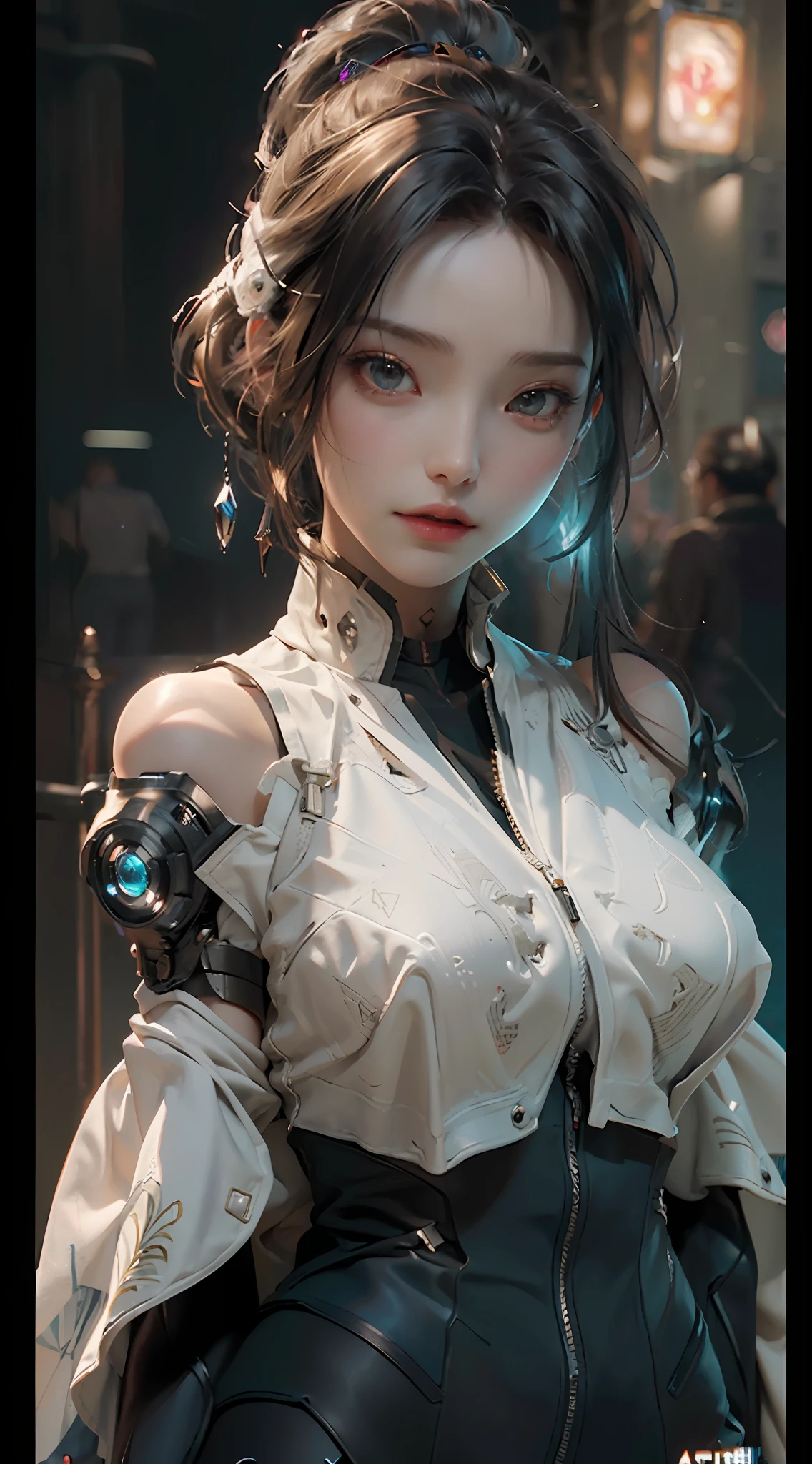((Best quality)), ((masterpiece)), (detailed:1.4), 3D, an image of a beautiful cyberpunk female,HDR (High Dynamic Range),Ray Tracing,NVIDIA RTX,Super-Resolution,Unreal 5,Subsurface scattering,PBR Texturing,Post-processing,Anisotropic Filtering,Depth-of-field,Maximum clarity and sharpness,Multi-layered textures,Albedo and Specular maps,Surface shading,Accurate simulation of light-material interaction,Perfect proportions,Octane Render,Two-tone lighting,Wide aperture,Low ISO,White balance,Rule of thirds,8K RAW,
