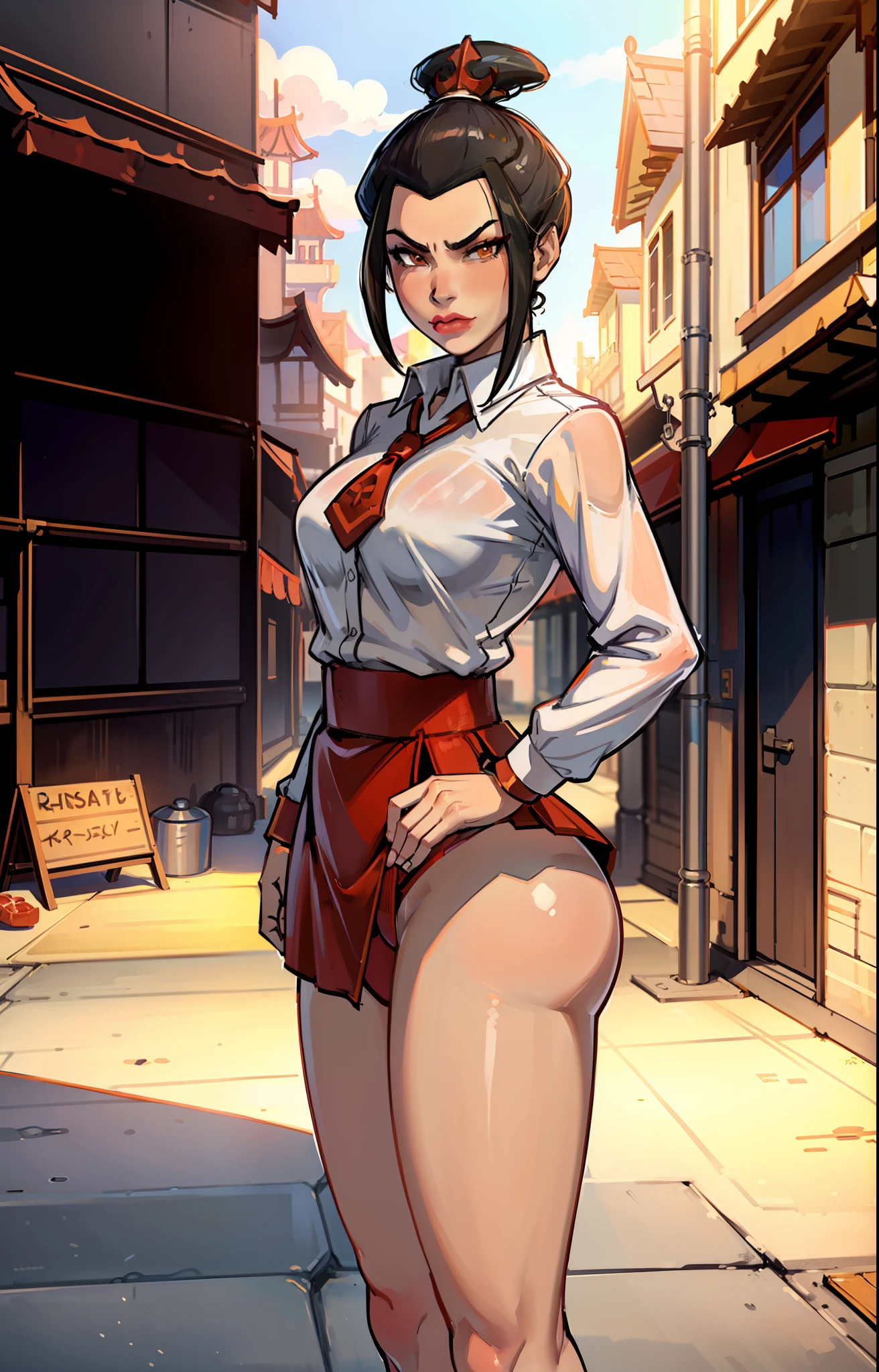 Masterpiece, Best Quality, Solo, 1girl, Azula, Closed Mouth, Smirk, Makeup, Neckline, (White Shirt, Extra Short Miniskirt, Panties), Wide Hips, Ass, Big Ass. standing, legs apart, lipstick, looking at the viewer, school background, erotica, gyaru, schoolgirl-whore