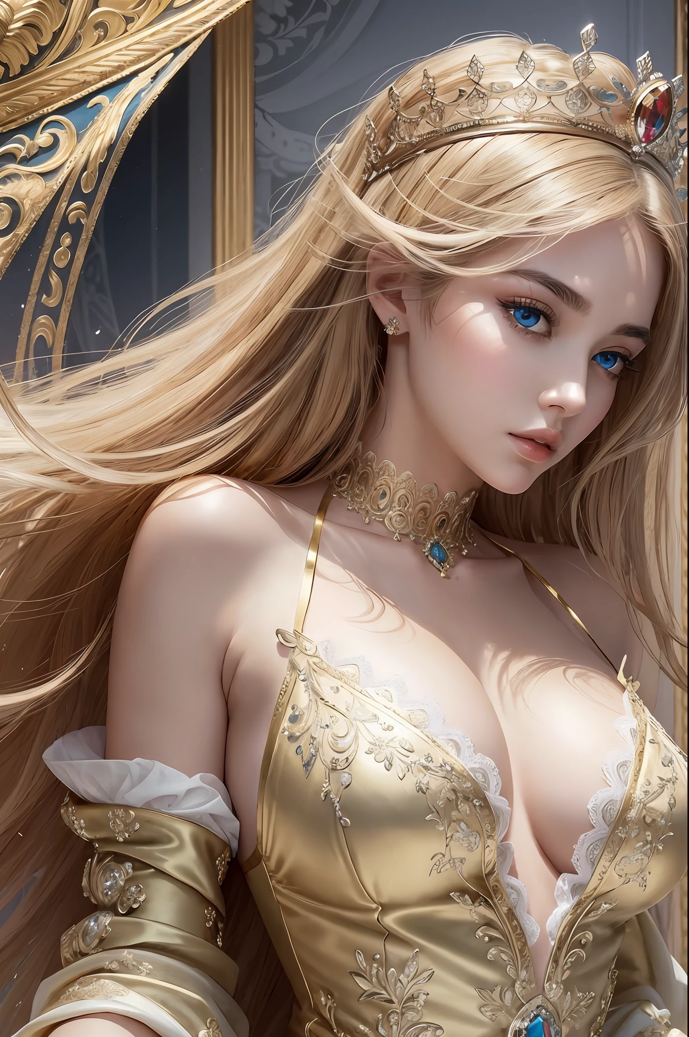 Absurd, ultra-detailed, high quality, masterpiece, detailed face, beautiful eyes(detailed eyes), Greek mythology, Goddess, Hera , the queen of the gods, striking and captivating, features are classically beautiful, with high cheekbones, a perfectly proportioned face, eyes depicted as large and captivating, hold an intense gaze, Her golden hair is luxuriant and flowing, cascading down her back in waves , wearing elegant robes adorned with intricate patterns , Her beauty is not merely superficial but embodies the essence of power, authority, and regality, whole body, lace lingerie