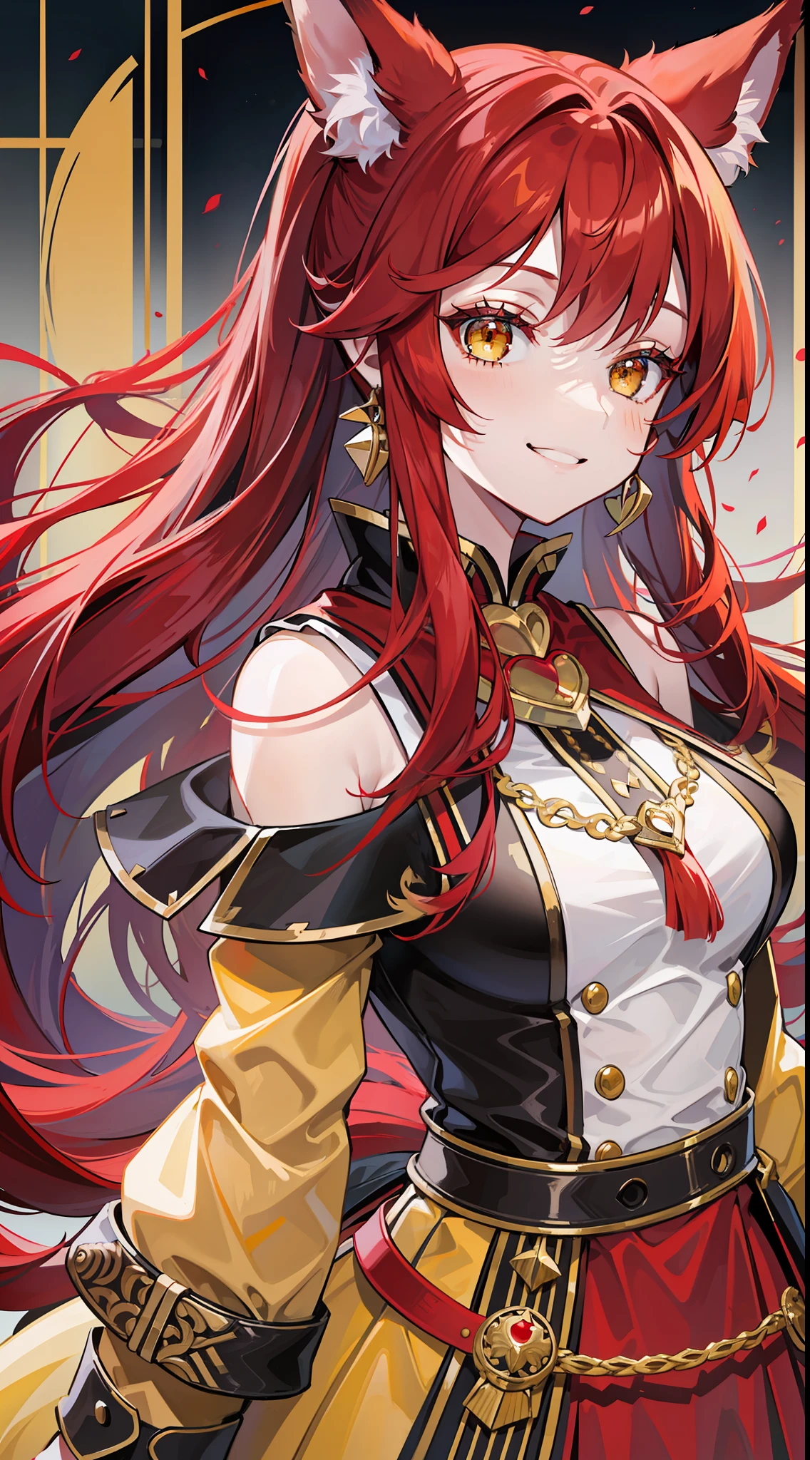 Adult girl, long red hair, high ponytail, yellow eyes, fox ears, red rich dress, open shoulders, smile, masterpiece, high quality